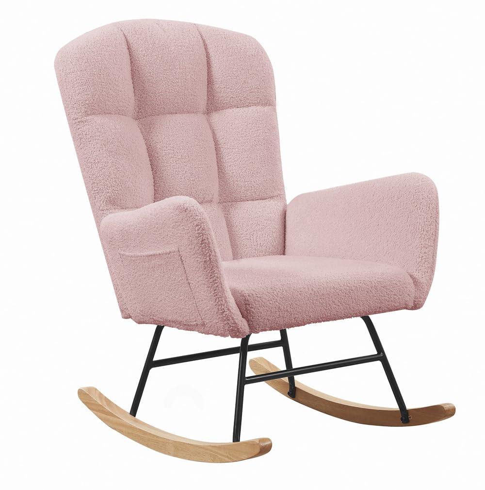 Comfortable Upholstered Nursery Rocking Chair with High Backrest - Pink Teddy Glider Armchair for Living Room, Bedroom & Office - Perfect for Nursing, Relaxing & Reading
