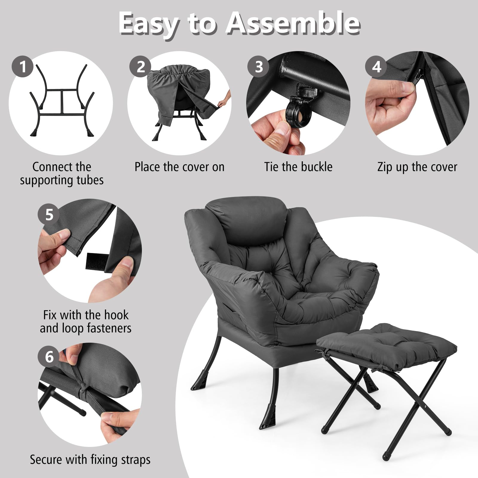 Giantex Oversized Lazy Chair with Ottoman - Gray Upholstered Lounge Armchair with Foldable Footrest & Side Pocket - Perfect for Living Room, Bedroom, Office & Small Space Relaxation