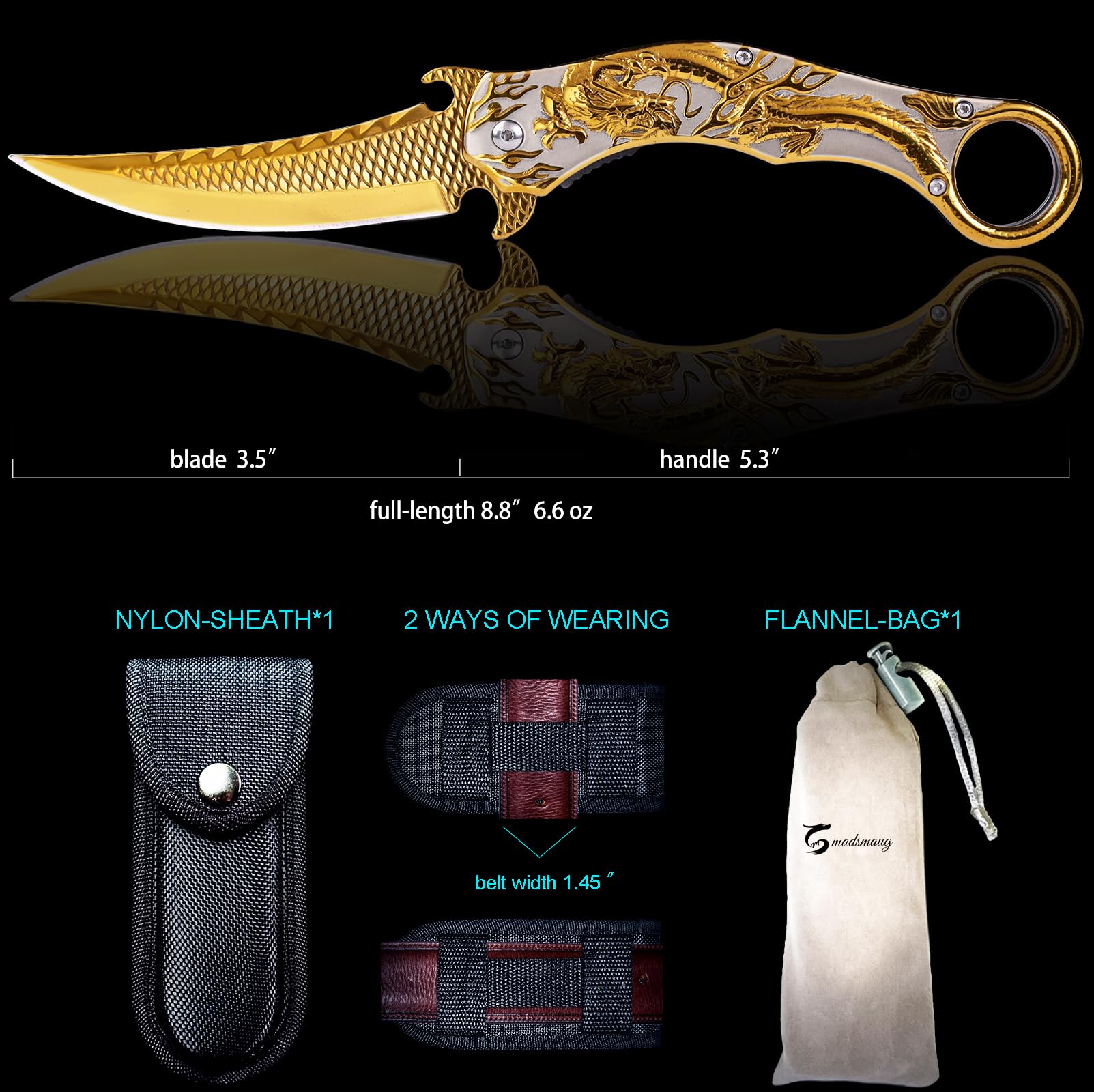 Premium 9Cr18Mo Blade Folding Pocket Knife with Sheath - 3D Dragon Design EDC Knife for Men | Perfect Outdoor Survival, Camping, Hiking & Everyday Carry Tool (Gold)