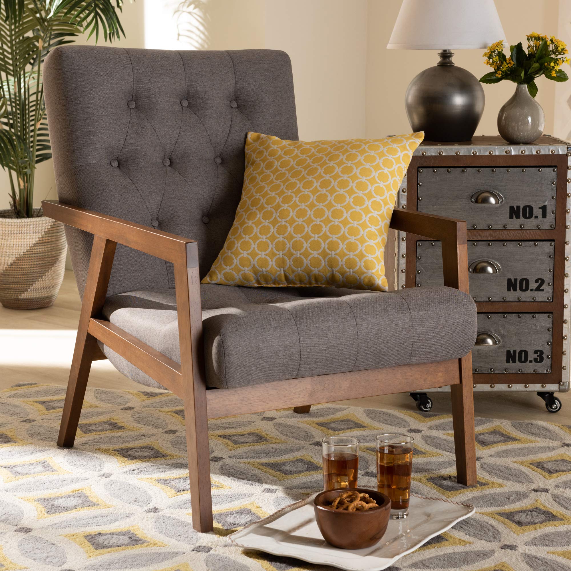 Baxton Studio Modern Accent Chairs - Grey and Brown Upholstered Lounge Chair for Living Room, Bedroom, or Office - Comfortable Mid-Century Style Seating with Wooden Legs