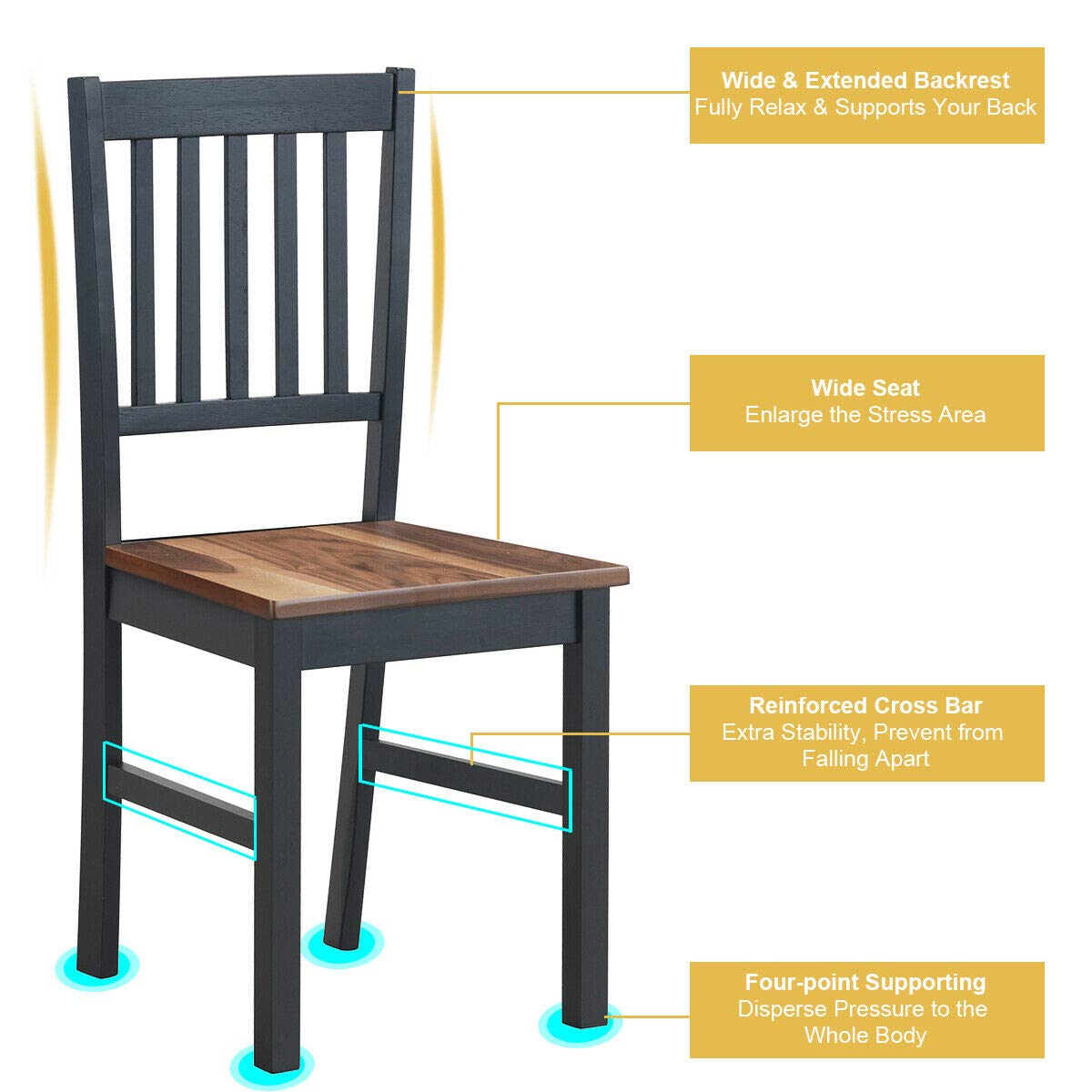 COSTWAY Set of 4 Dining Chairs - Solid Rubber Wood Armless Side Chairs with Slat Back, Black Base & Walnut Seat - Perfect for Home Kitchen, Dining Room, Breakfast Nook & Small Space Decor