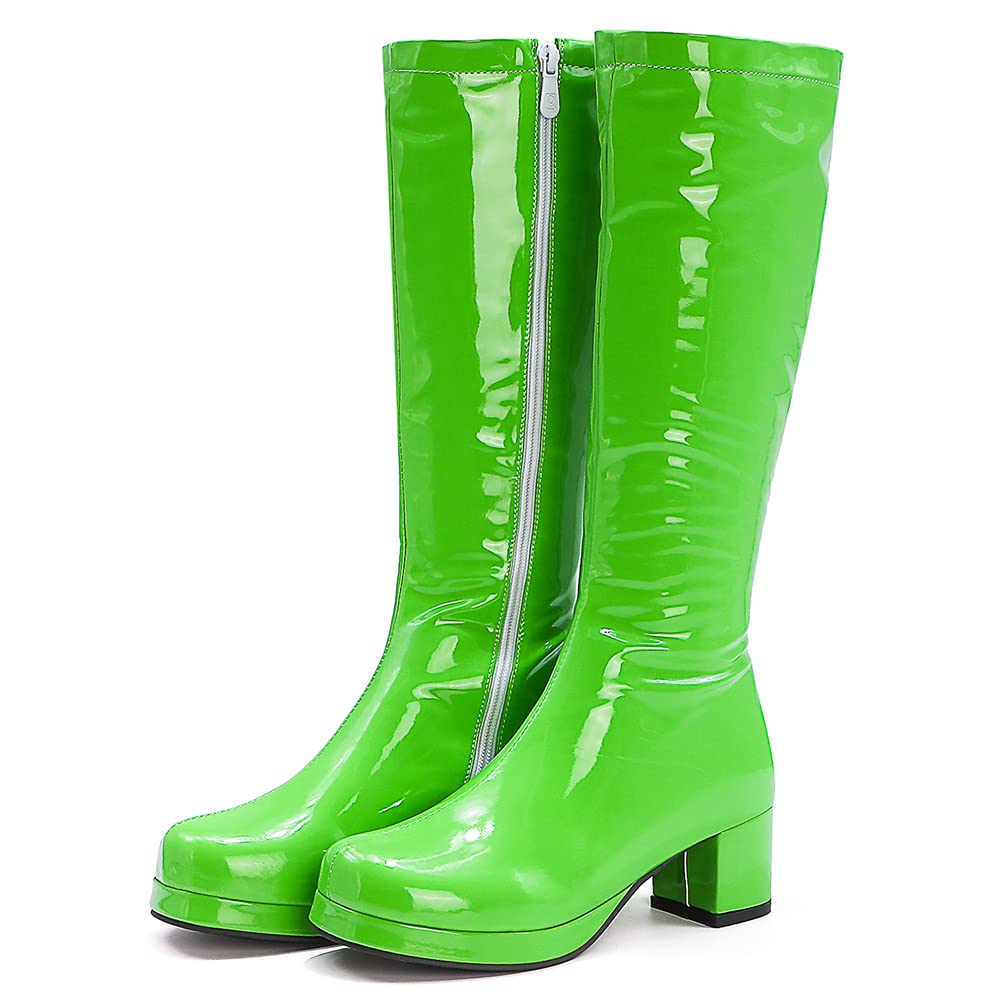 SO SIMPOK Women's Fashion Knee High Boots - Patent Leather Side Zip, Chunky Heel Go Go Boots for Party, Dress, Cosplay & Night Out (Green) | Stylish & Comfortable for Dancing, Halloween & Retro Outfits