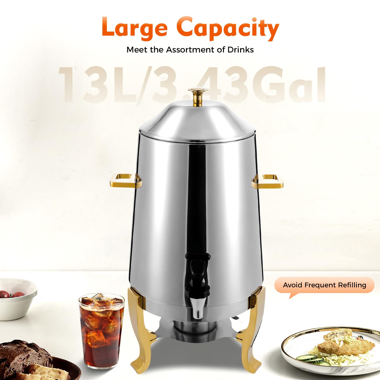 13L Stainless Steel Coffee Urn with Fuel Holder - Continuous Heating Beverage Dispenser for Hot & Cold Drinks - Perfect for Parties, Buffets, Catering (Gold Alcohol) - Ideal for Coffee, Tea, Hot Chocolate and Punch Serving at Events