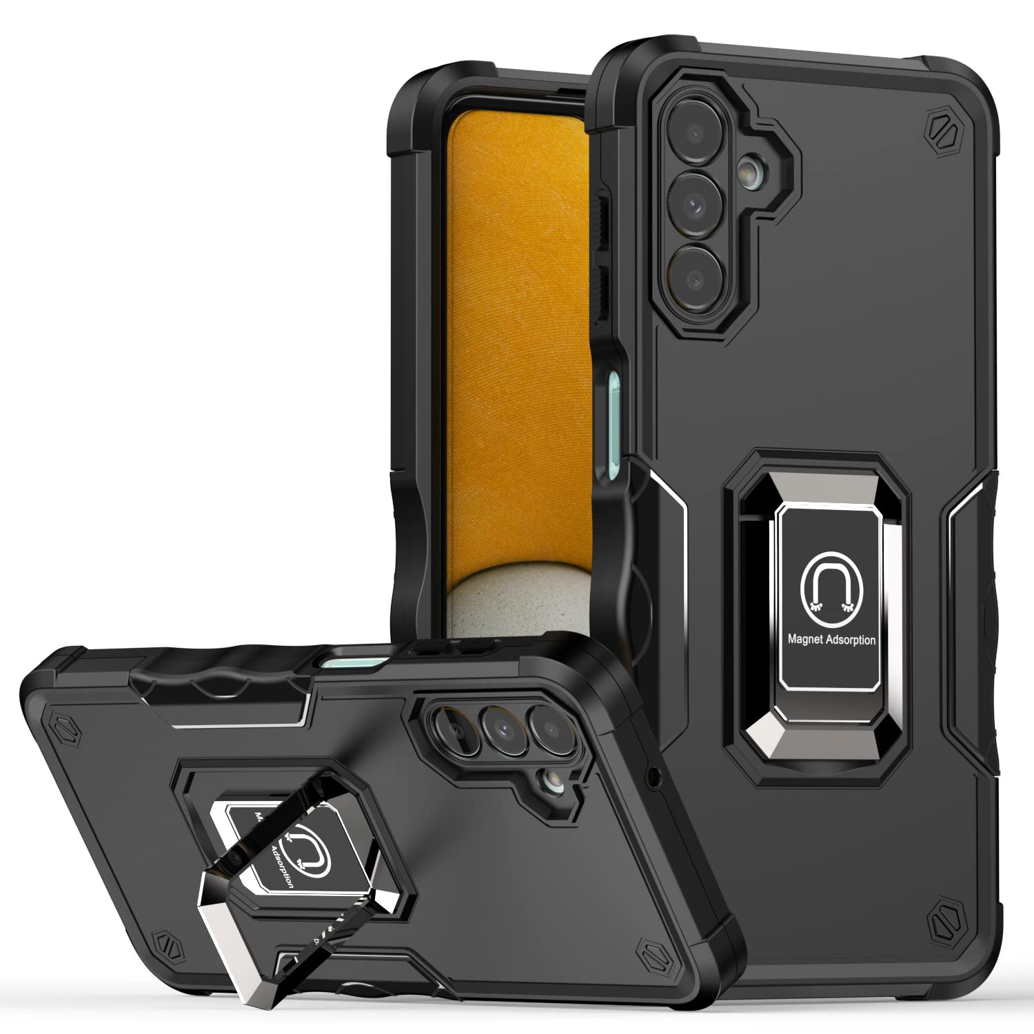 Durable Protective Phone Case with Ring Stand for Samsung Galaxy A13 5G (SM-A136) & A04S (SM-A047) - Shockproof Cover with Kickstand - Perfect for Work, Travel & Everyday Use - RS6 Black