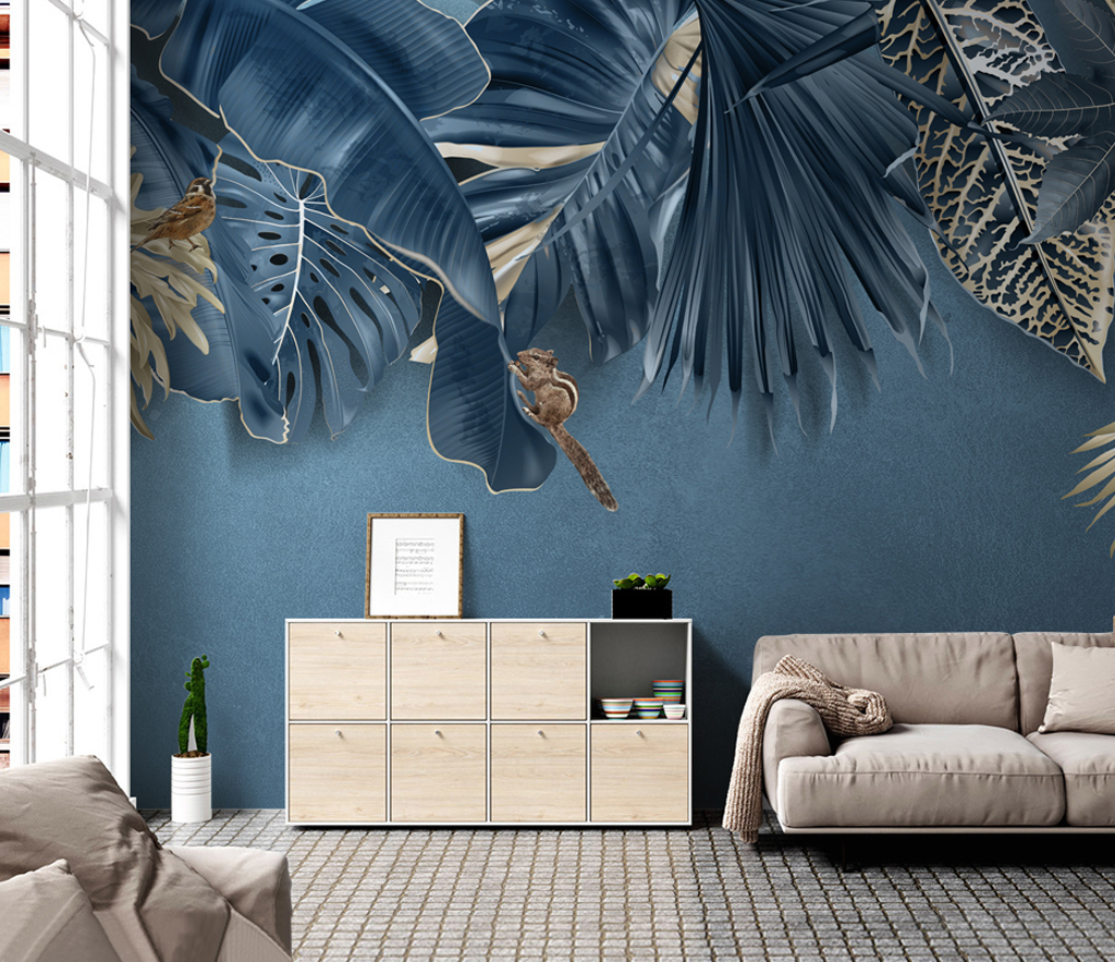 Blue Leafs Tropical Wallpaper Murals - Nature-Inspired Peel & Stick Wall Decor for Living Room, Bedroom, or Office
