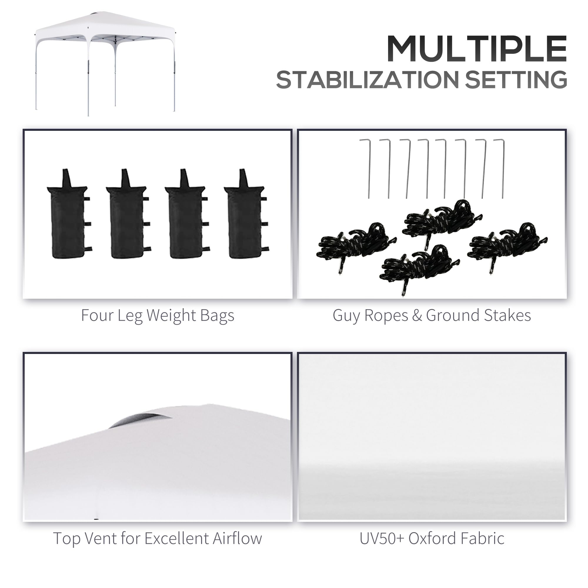 Outsunny 8' x 8' Pop Up Canopy Tent with Wheeled Carry Bag & 4 Sand Bags - Instant Sun Shelter for Outdoor Parties, Picnics, Beach, Camping & Backyard Events - Adjustable Height White Gazebo for Garden, Patio & BBQ Gatherings