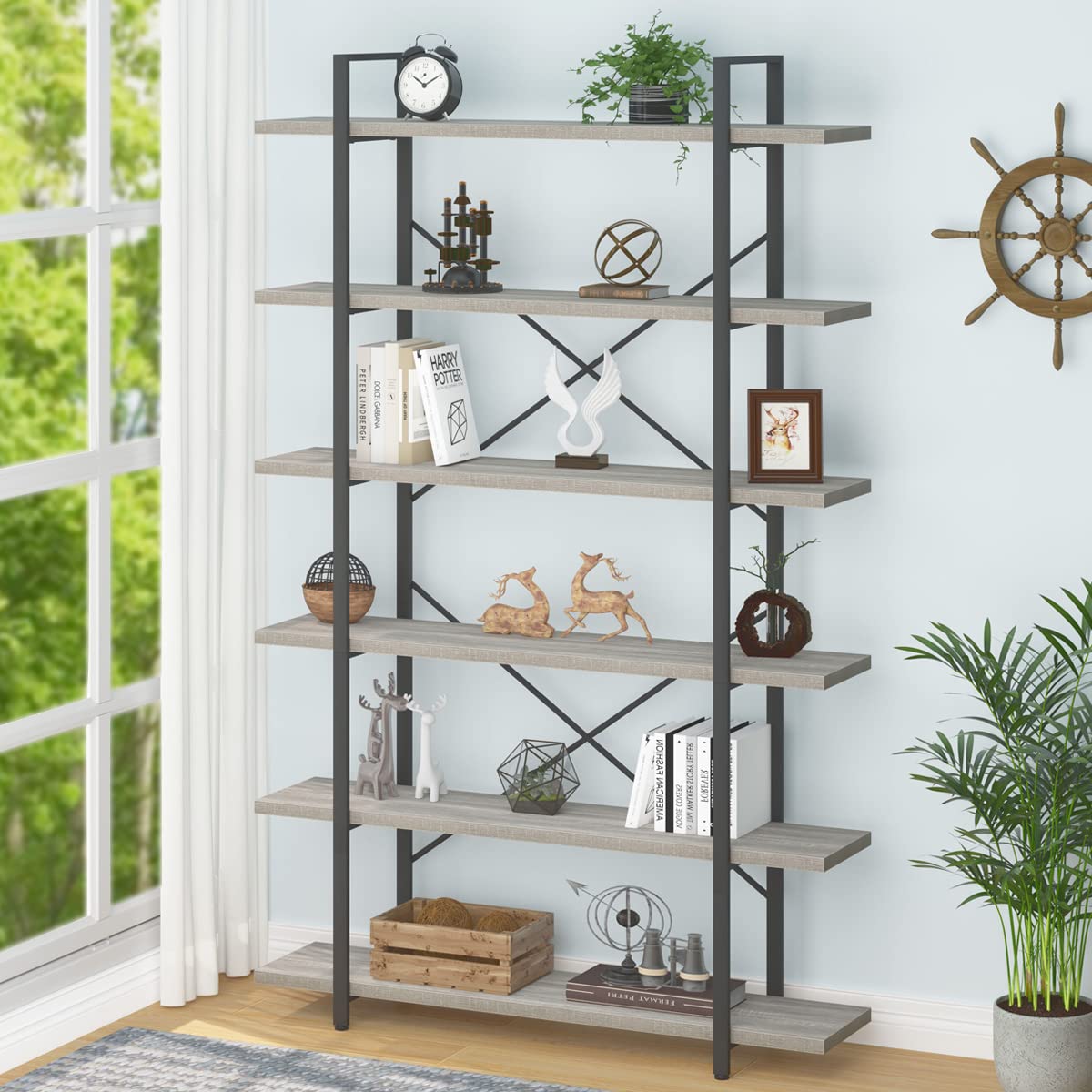 HSH 6-Tier Tall Bookshelf - Industrial Wood & Metal Bookcase with Open Shelves for Storage | Vertical Display Shelf for Bedroom, Living Room & Office | Light Grey Oak Finish | Perfect for Organizing Books, Decor & Essentials