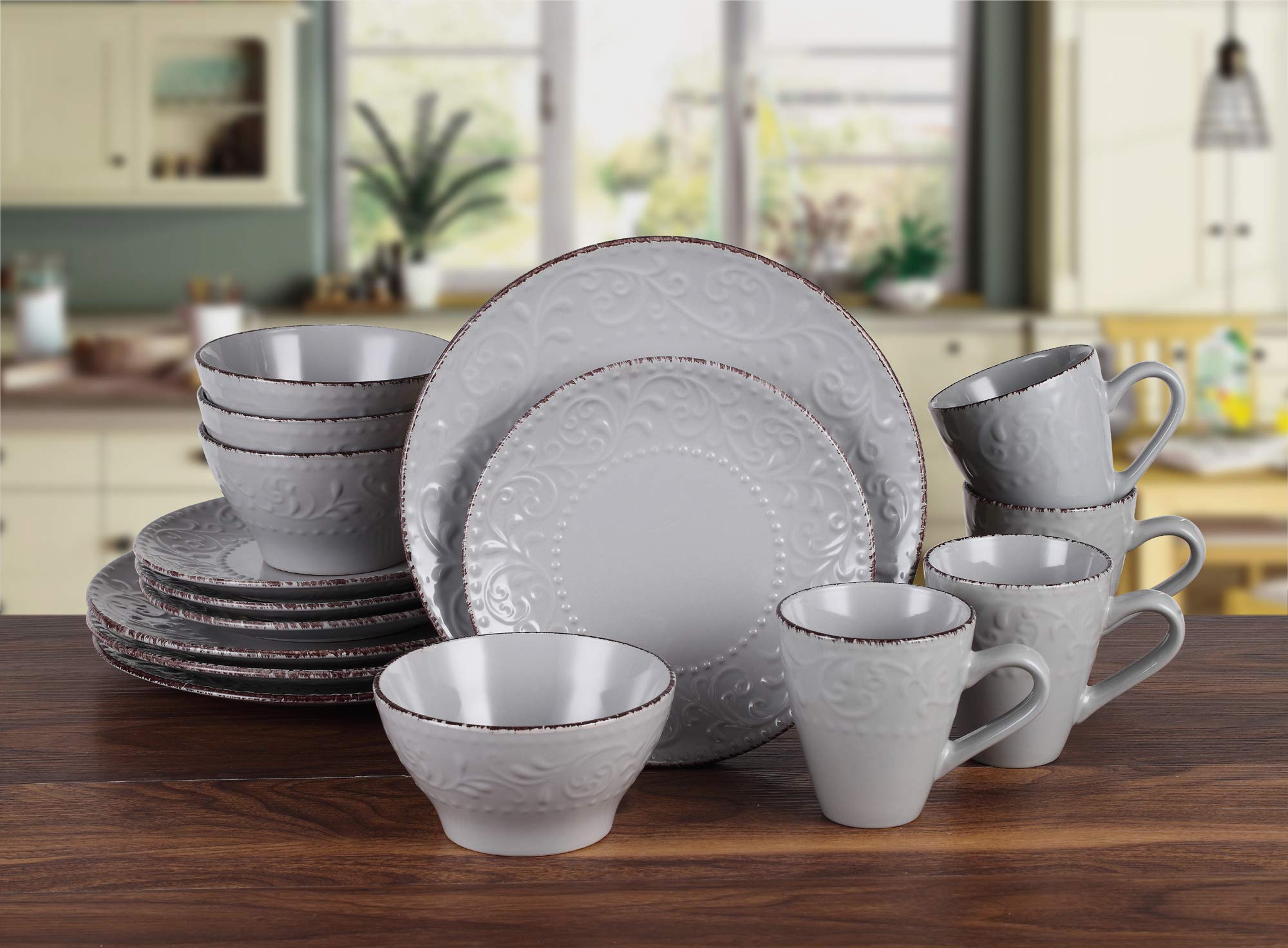 Elegant Modern Stoneware Scroll Dinnerware Set - 16-Piece Gray Tableware for Dinner Parties, Weddings & Entertaining | Durable Dish Set for Formal Dining & Special Occasions