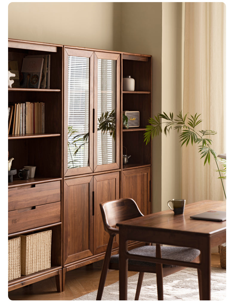 Premium Black Walnut & Ash Solid Wood Bookcase with Dust-Proof Glass Doors - Stylish Home Office & Living Room Storage Solution