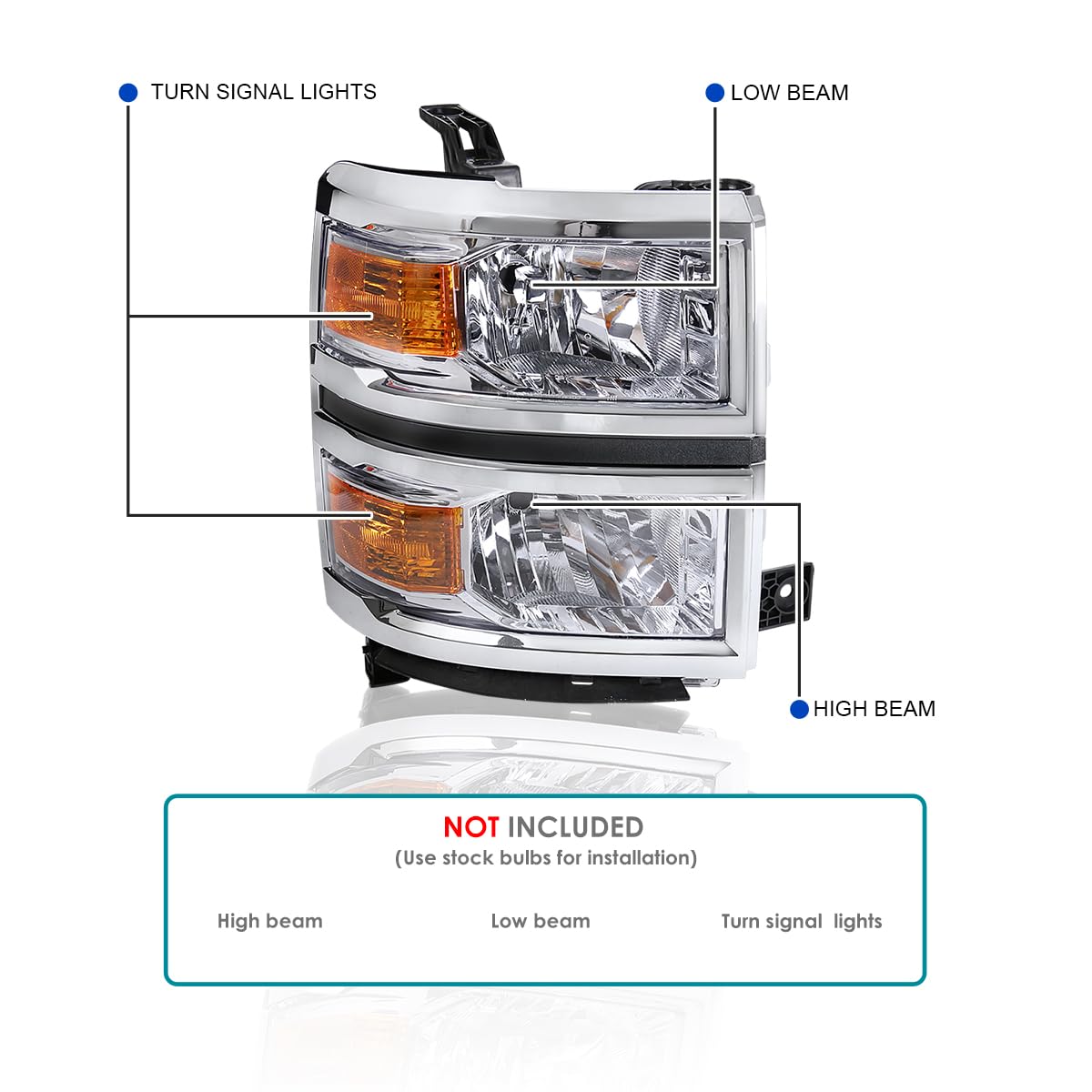 Spec-D Tuning Chrome Headlights with Chrome Trim for 2014-2015 Chevy Silverado 1500 - Left & Right Pair Headlight Assembly - Upgrade Your Truck's Style & Night Visibility
