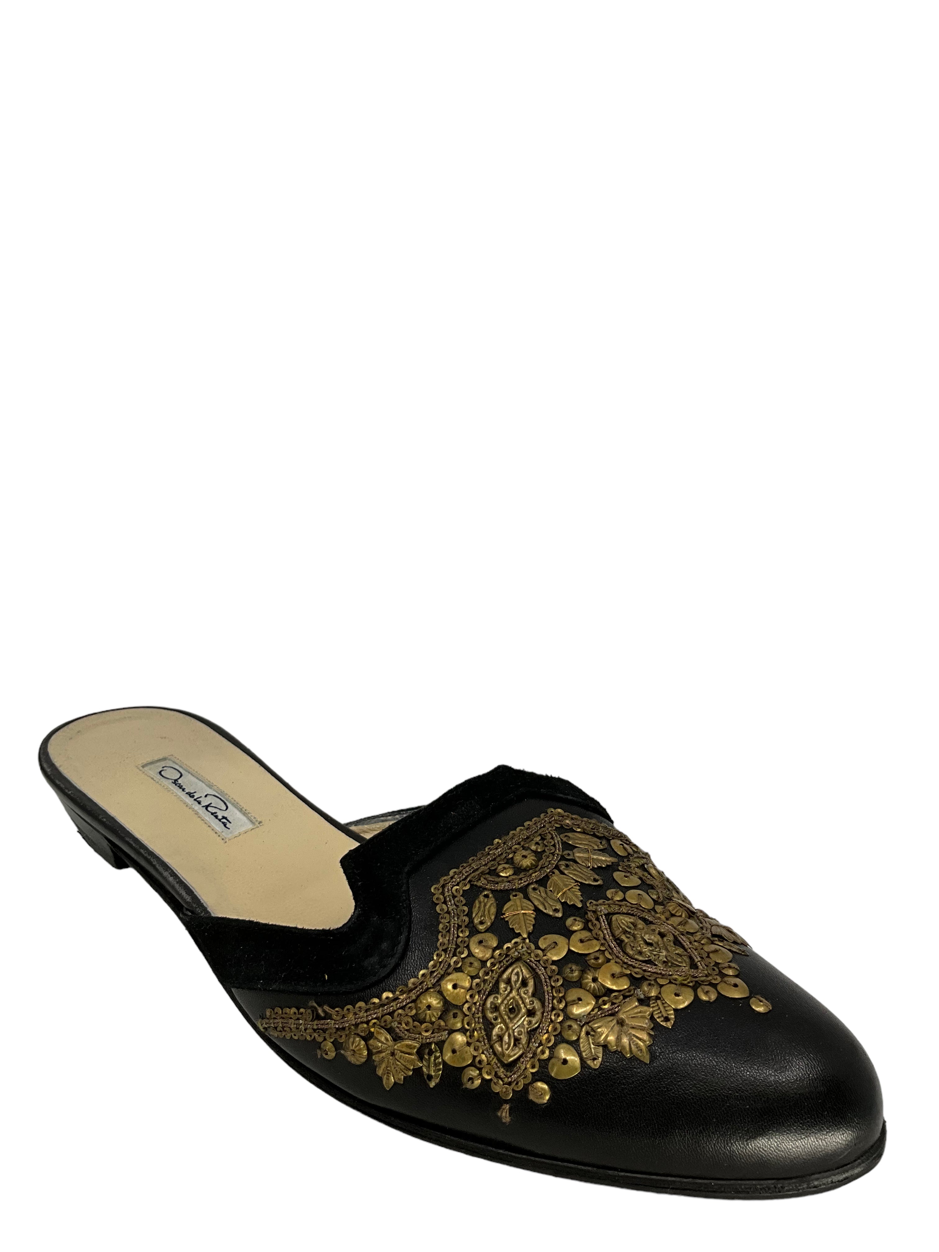 Oscar De La Renta Leather Embroidered Spanish Mules Women's Size 10.5 - Elegant Slip-On Shoes for Weddings, Parties & Special Occasions