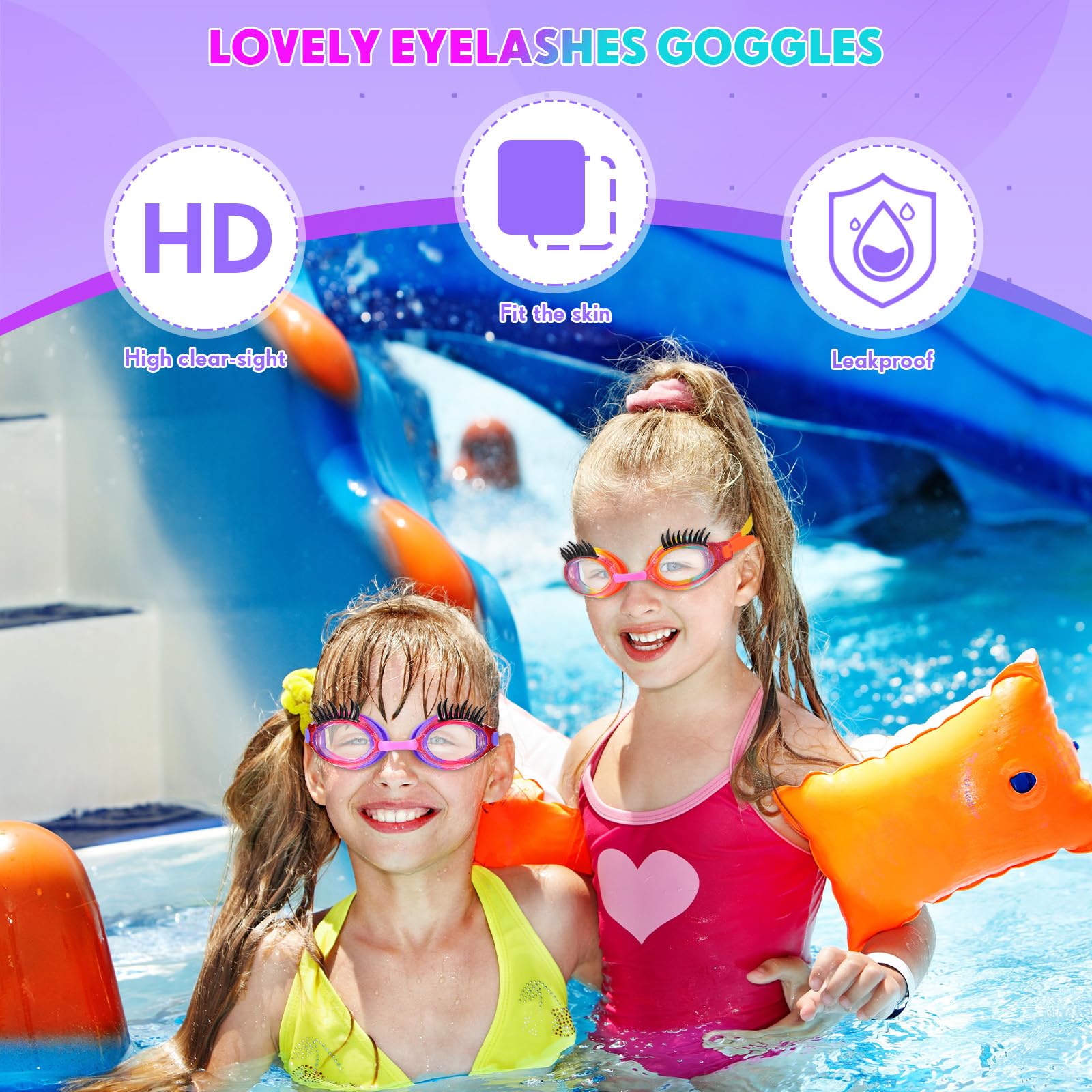 Konohan 2-Pack Kids Swim Goggles with Eyelashes - No Slip, Leak Proof, Anti-Fog & UV Protection for Girls - Perfect for Swimming Lessons, Pool Parties & Lash Extensions