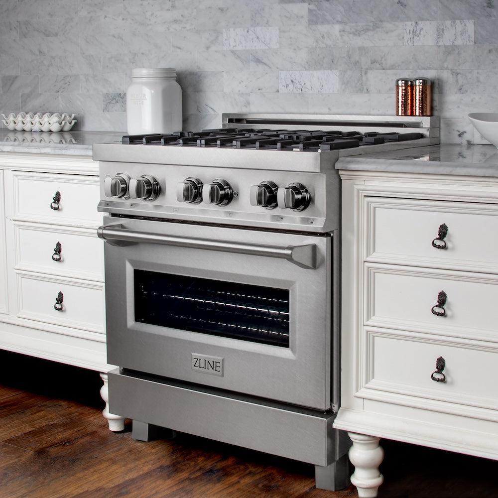 ZLINE 30-Inch Professional Dual Fuel Range with Satin Stainless Steel Finish & Convertible Range Hood - Complete Kitchen Package for Home Chefs & Cooking Enthusiasts (Perfect for Gourmet Cooking, Entertaining & Modern Kitchen Upgrades)