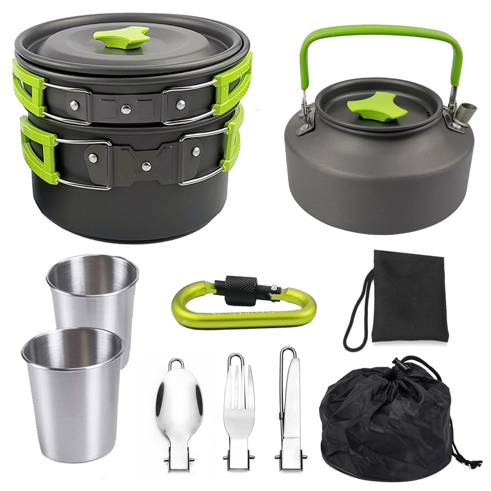 **Portable Camping Cookware Set with Non-Stick Stove, Canister Stand & Tripod - Lightweight Backpacking Mess Kit for Hiking, Picnic & Outdoor Adventures (Includes Folding Knife & Fork Set)**    **Usage Scenarios:** Perfect for camping, backpacking, RV trips, picnics, and outdoor cooking adventures.