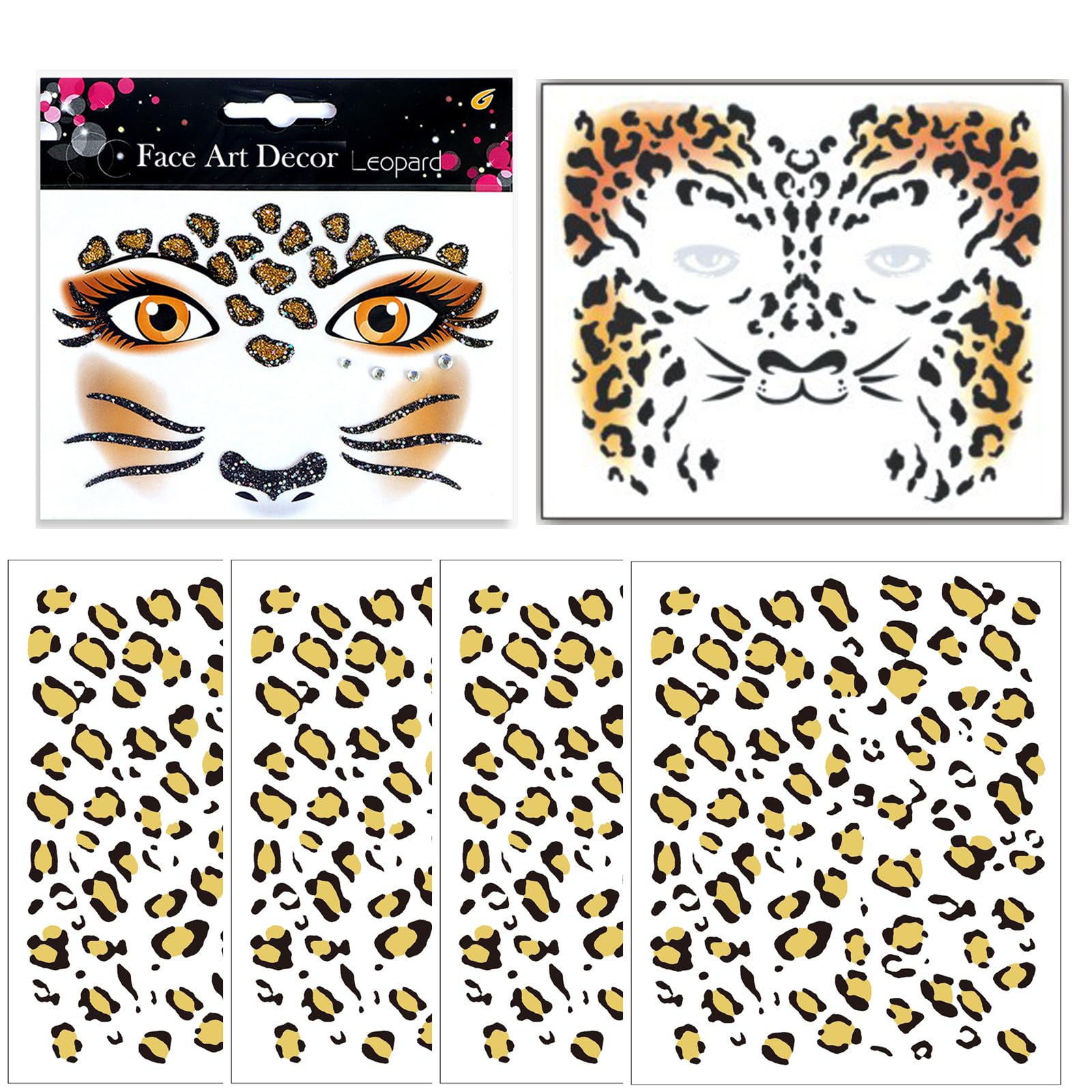 Gold Leopard Face Temporary Tattoos - Cheetah Print Body Stickers for Women | Halloween Makeup Accessories & Party Decoration | Costume, Festival, Cosplay Use