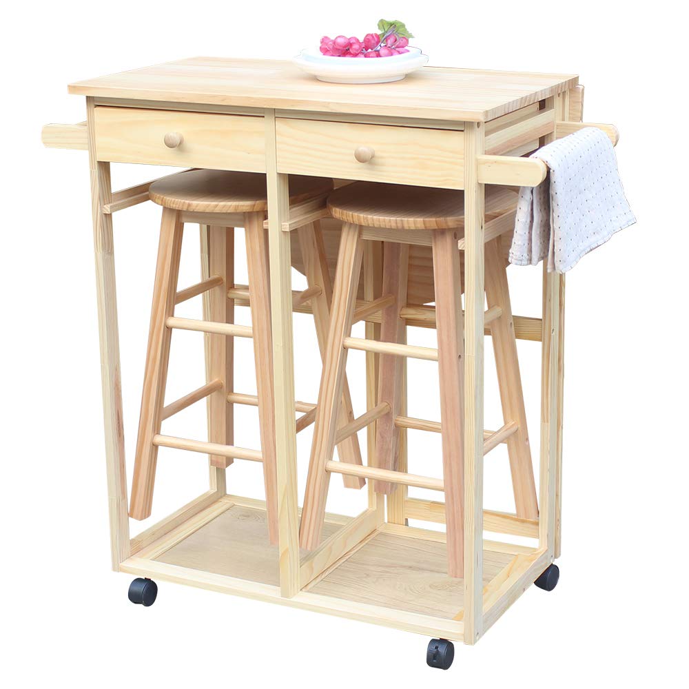 Portable Kitchen Island on Wheels with Folding Drop Leaf & 2 Drawers - Small Rolling Kitchen Table Set Includes 2 Square Stools (Natural Finish) - Perfect for Small Apartments, Breakfast Nooks & Mobile Cooking Stations