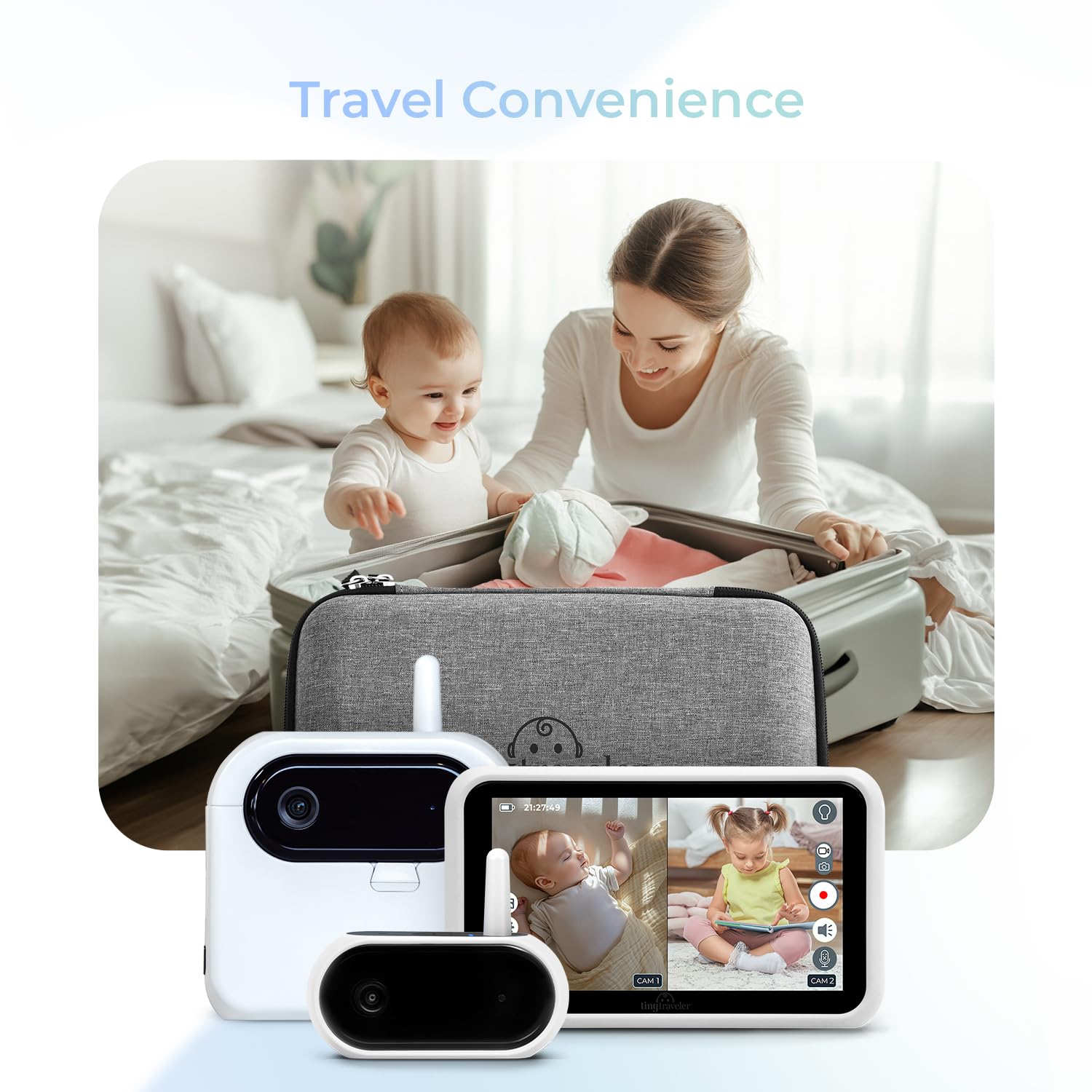 Tiny Traveler AI Smart Wireless Baby Car Monitor with Cry/Laugh/Stand Detection - 1000ft Long Range, Night Vision, Virtual Fence & Lullabies Night Light for Safe Baby Monitoring | Perfect for Road Trips, Daily Commutes & Overnight Travel