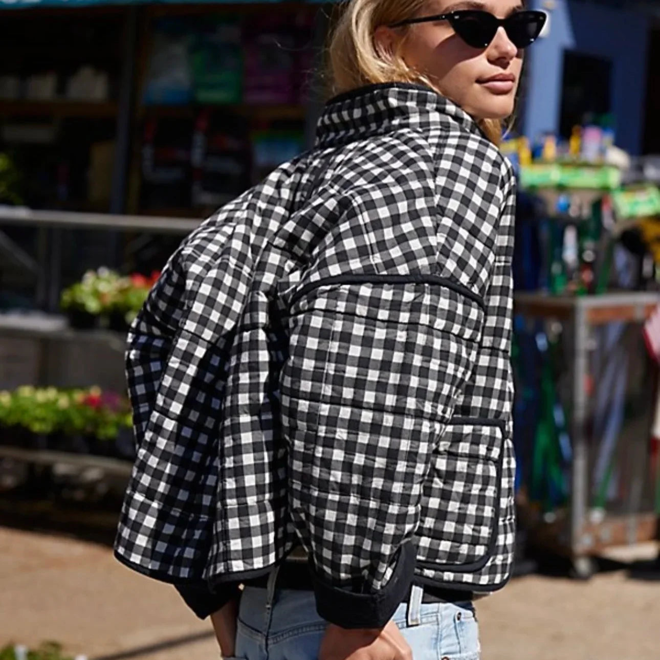 Women's Autumn Plaid Quilted Cotton Jacket - Warm Black & White Short Coat for Fall Fashion | Perfect for Outdoor Activities, Work Commutes & Casual Outings