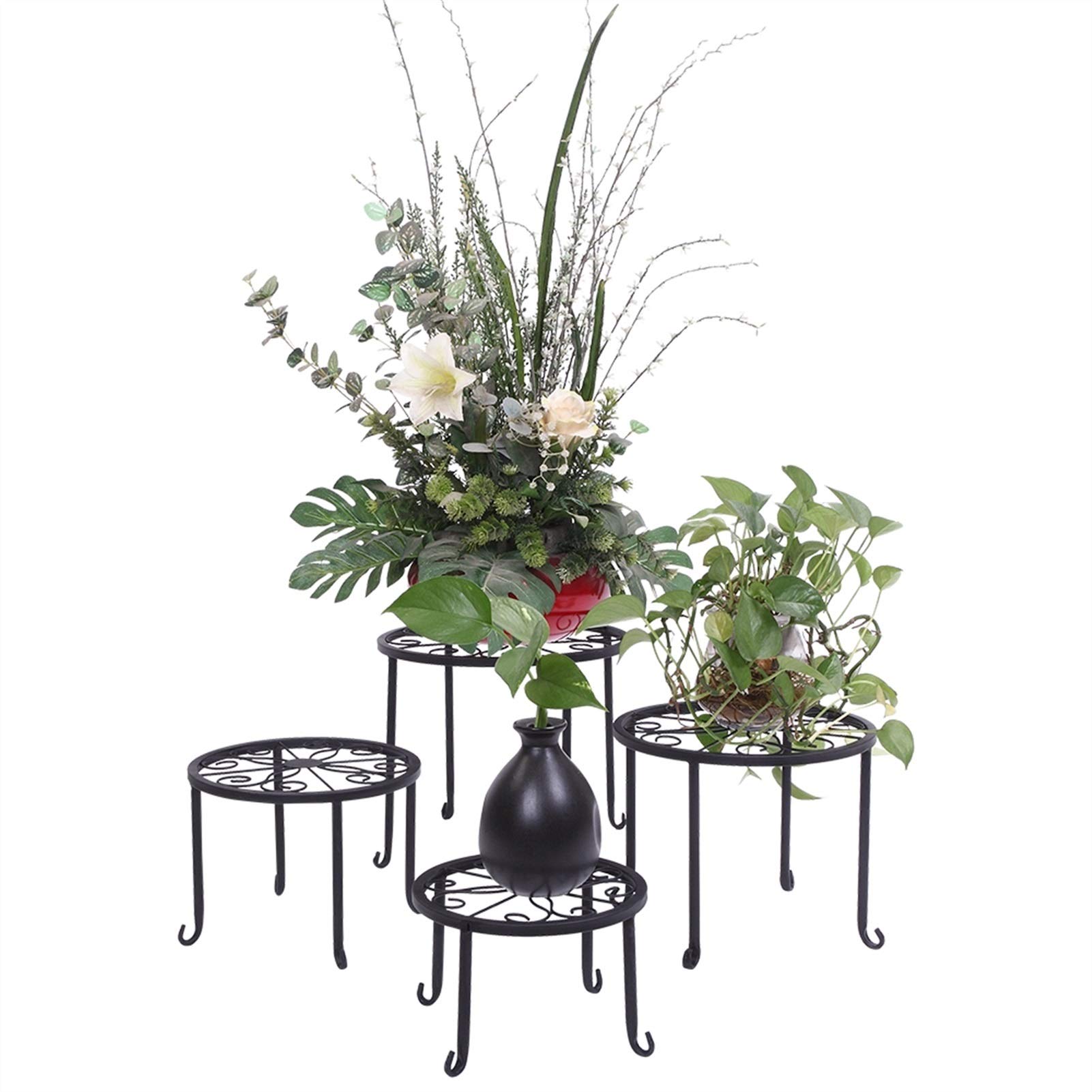 4-Tier Black Metal Plant Shelf with Round Pattern - Rustproof Baking Paint for Indoor/Outdoor Plants, Succulents, Herbs - Perfect for Living Room, Balcony, Garden Decor