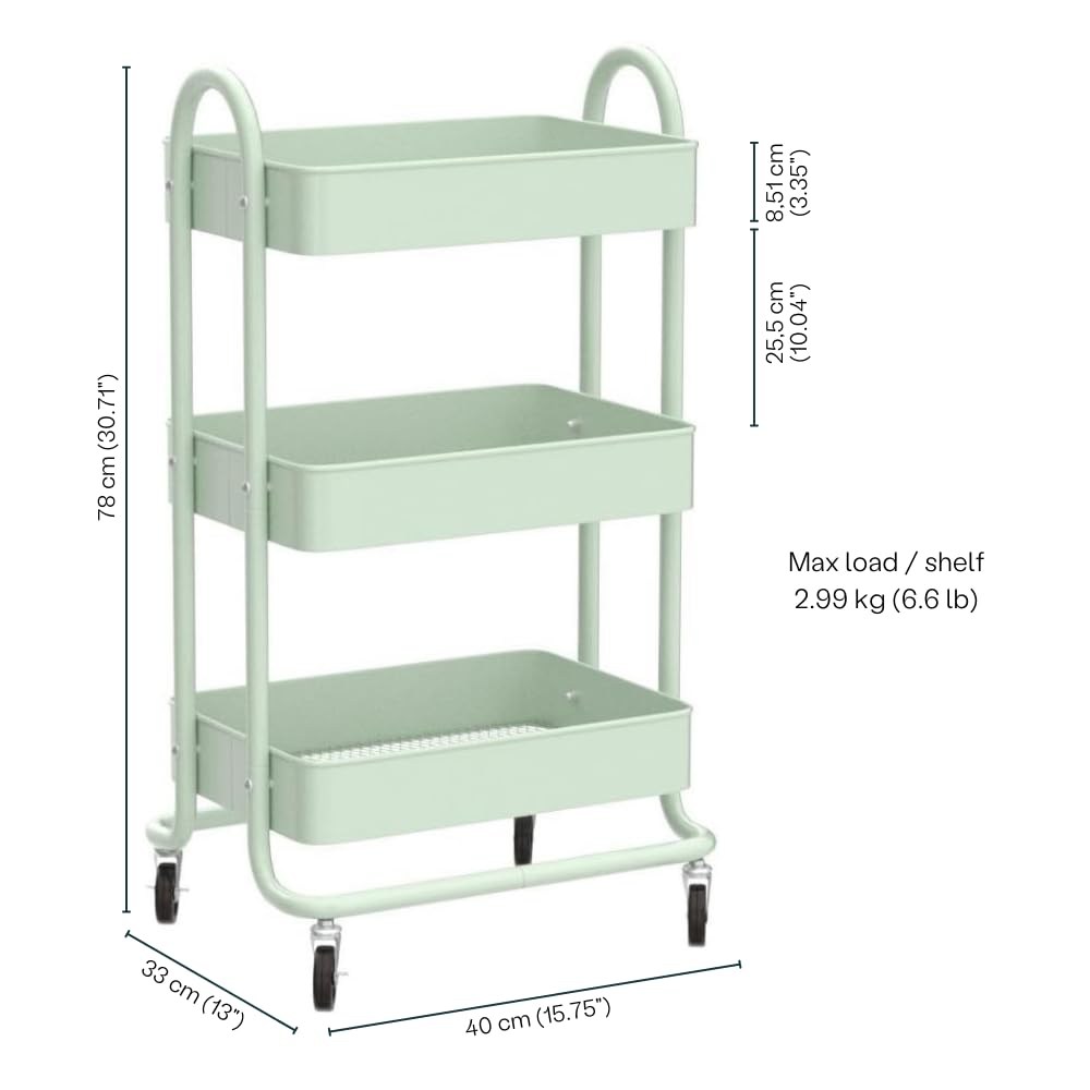 Craftelier - 3-Tier Metal Rolling Cart with Wheels | Heavy Duty Organizer Trolley with 4 Swivel Casters & Brakes | Max Load 6.6 lbs per Tray | Adjustable Shelf Height 10 Inches | 30.7