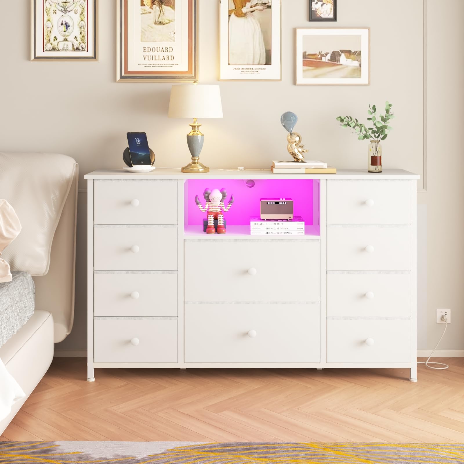 Modern White 10-Drawer Dresser with USB Charging Station & LED Lights - Fabric Storage Organizer with PU Finish for Bedroom, Living Room, or TV Stand - Perfect for Home Organization and Stylish Storage Solutions