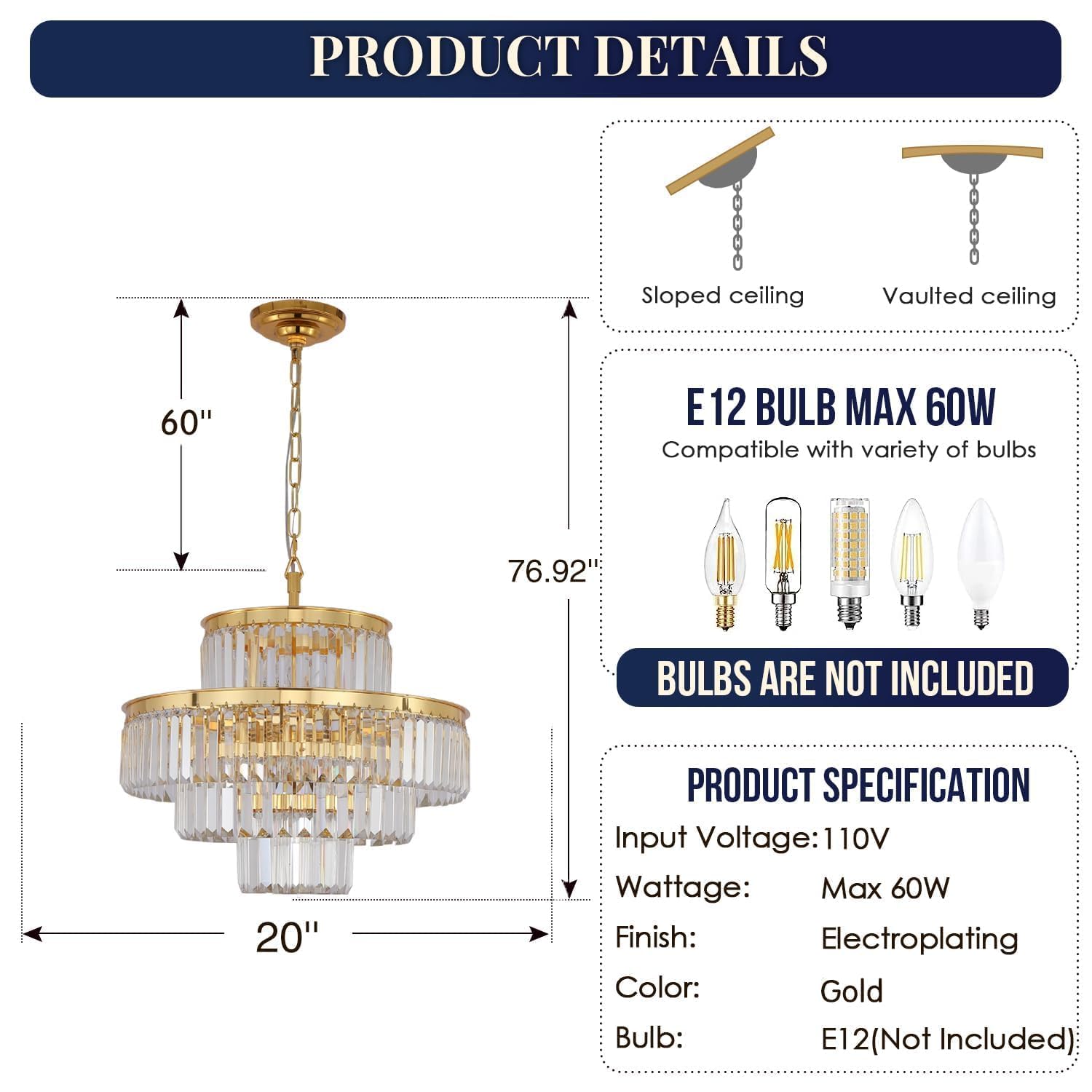 Modern Crystal Chandelier - 6-Light Gold Pendant Ceiling Lamp with 4-Tier Design (20 Inch Diameter) - Elegant Lighting Fixture for Dining Room, Living Room, Foyer & Hallway | Perfect for Home Decor, Wedding Venues and Luxury Interior Design
