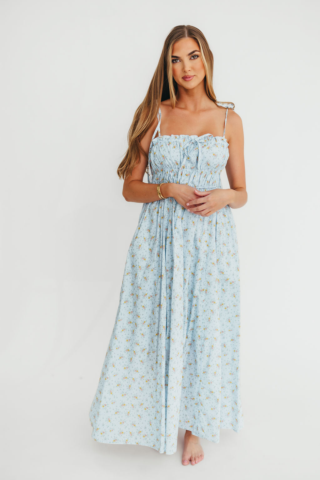 Powder Blue Lila Ruched Floral Maxi Dress for Women - Elegant Summer Beach Wedding Party Dress