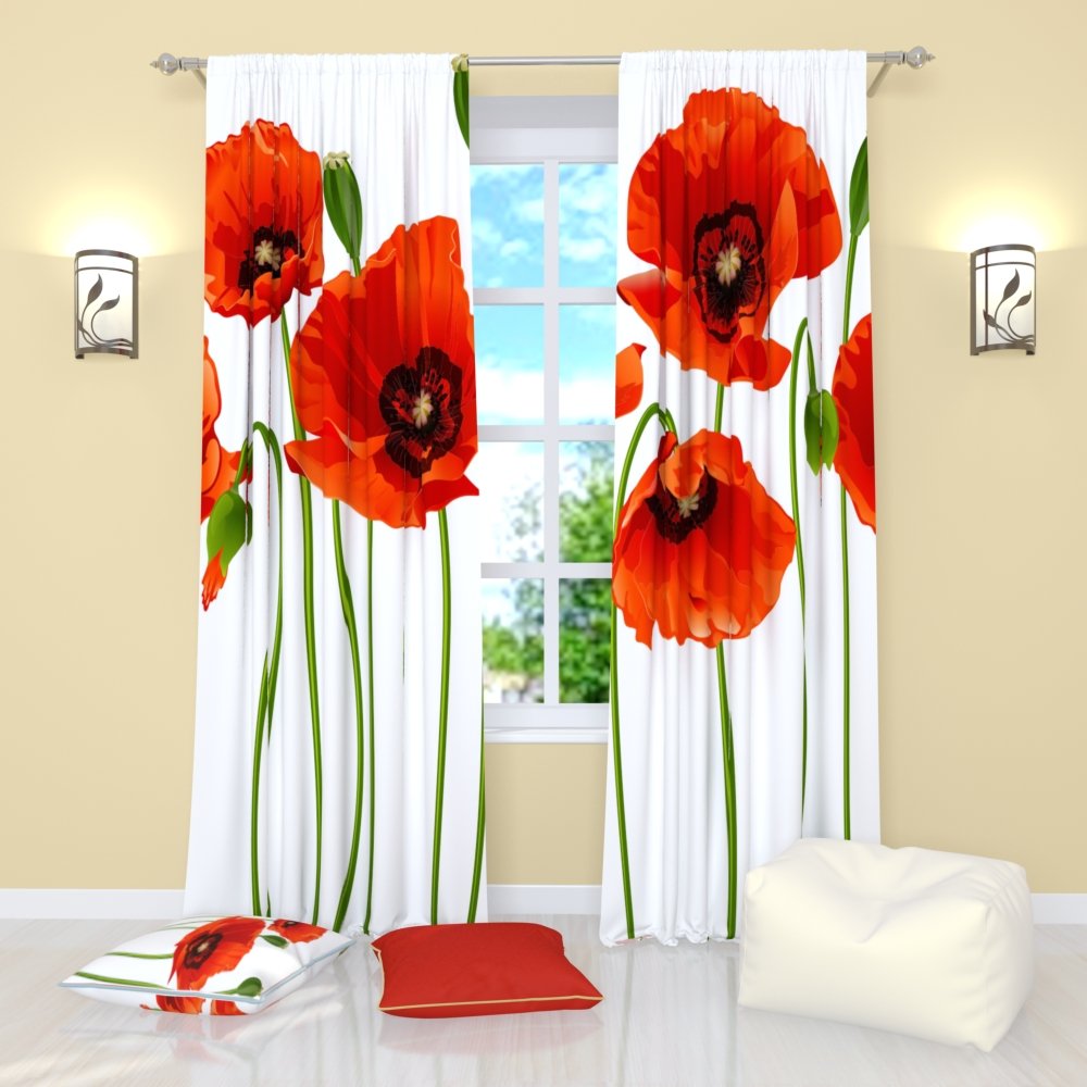 Red Poppy Curtains Set of 2 Panels - 84 Inch Length Blackout Rod Pocket Window Drapes with Floral Print for Living Room, Bedroom & Home Decor | Perfect for Light Control & Privacy in Bedrooms, Home Offices & Dining Areas