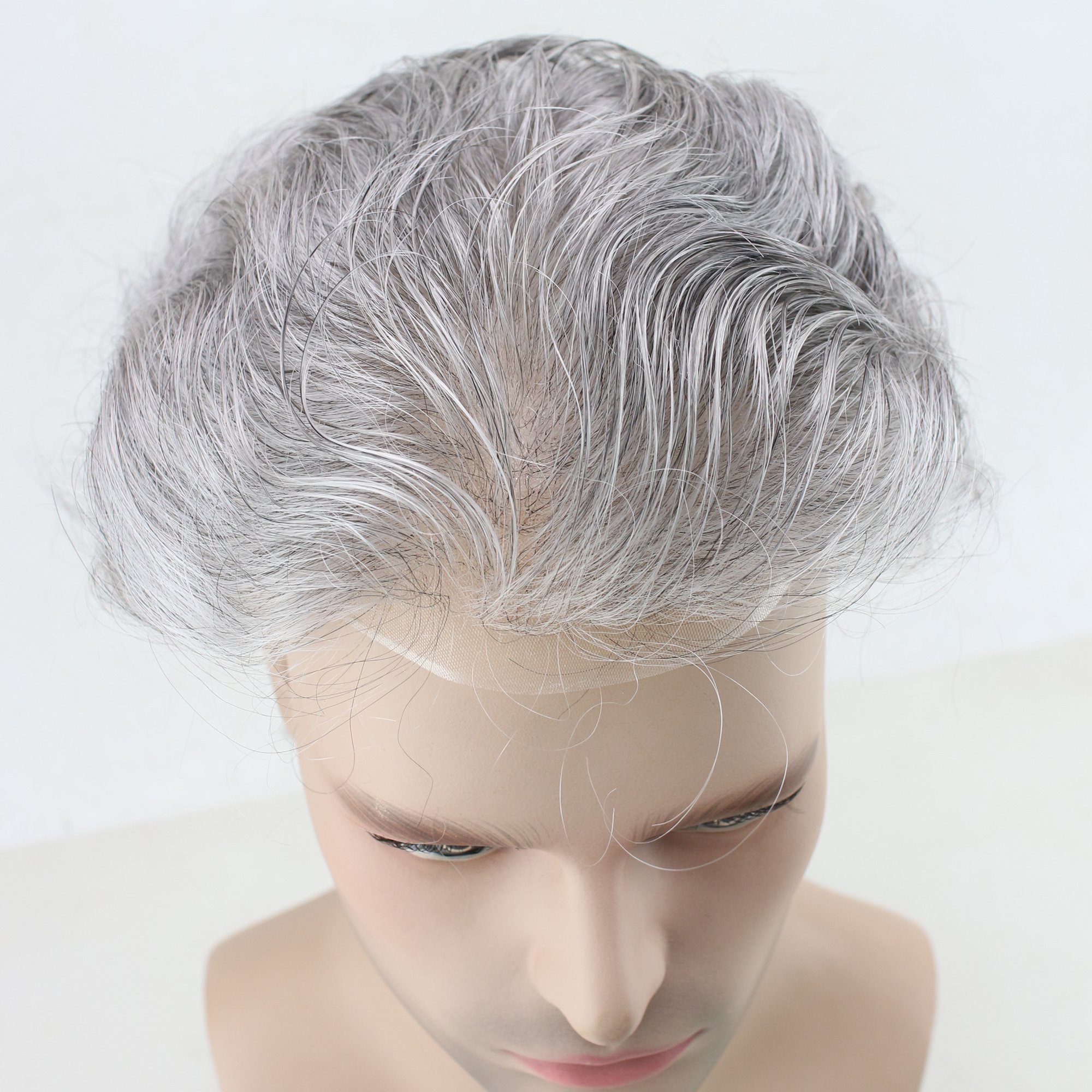 Dreambeauty Men's Toupee 10×8 Inch European Virgin Human Hair Blend (20% #1B Black Human Hair & 80% Silver Synthetic) - Soft Thin Skin Hair Replacement System with Monofilament Net & PU Base - Perfect for Daily Wear, Special Occasions & Hair Loss Solutions