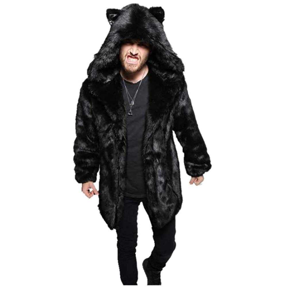 Men's Leopard Print Warm Thick Faux Fur Collar Coat Jacket - Winter Long Mink Style Outerwear for Casual Wear & Cold Weather Protection