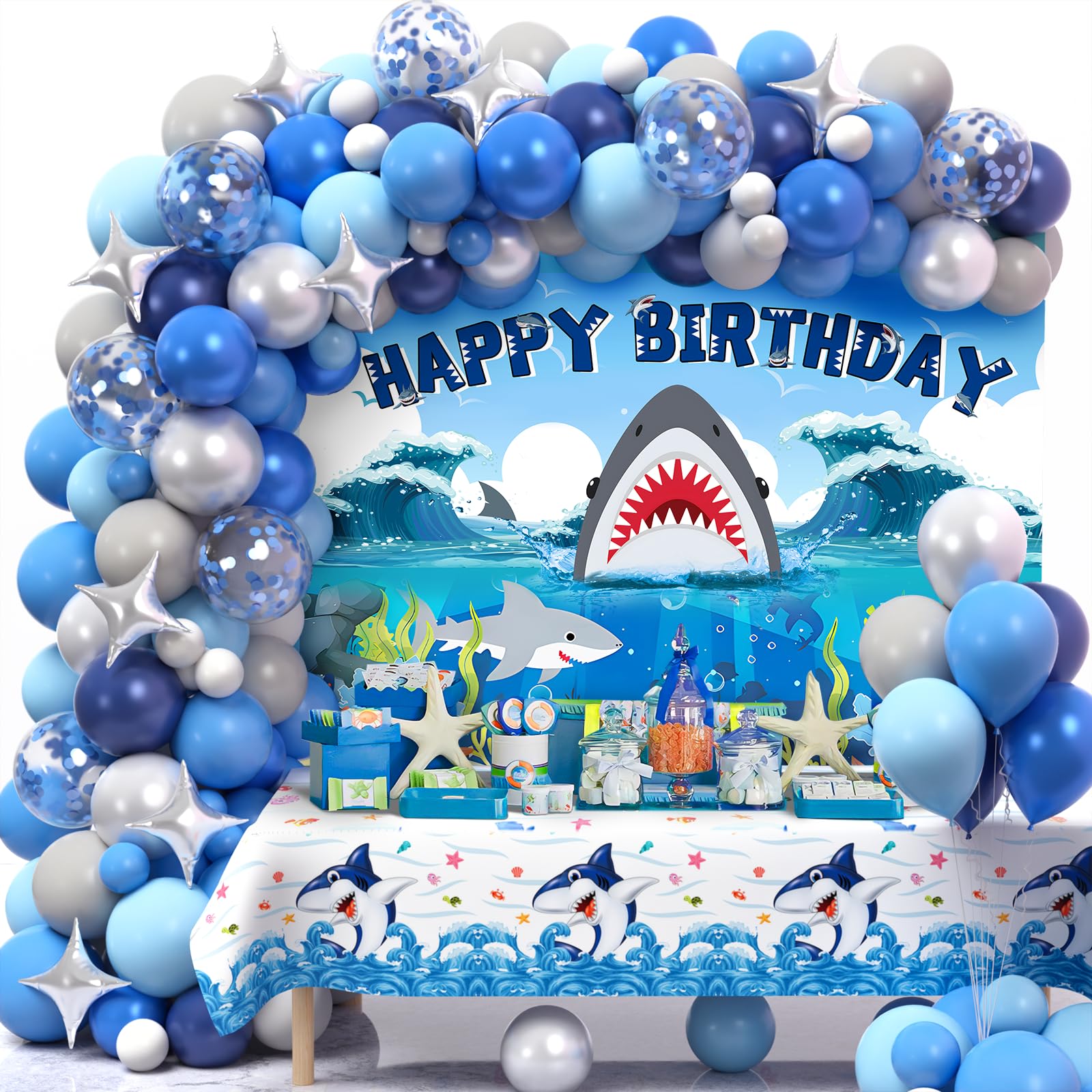 **Winrayk 145Pcs Shark Birthday Party Decorations Kit - Ocean Themed Balloon Garland Arch, Backdrop, Tablecloth & Star Balloons for Kids Boys - Perfect for Under the Sea Birthday Party, Baby Shower & Themed Events**
