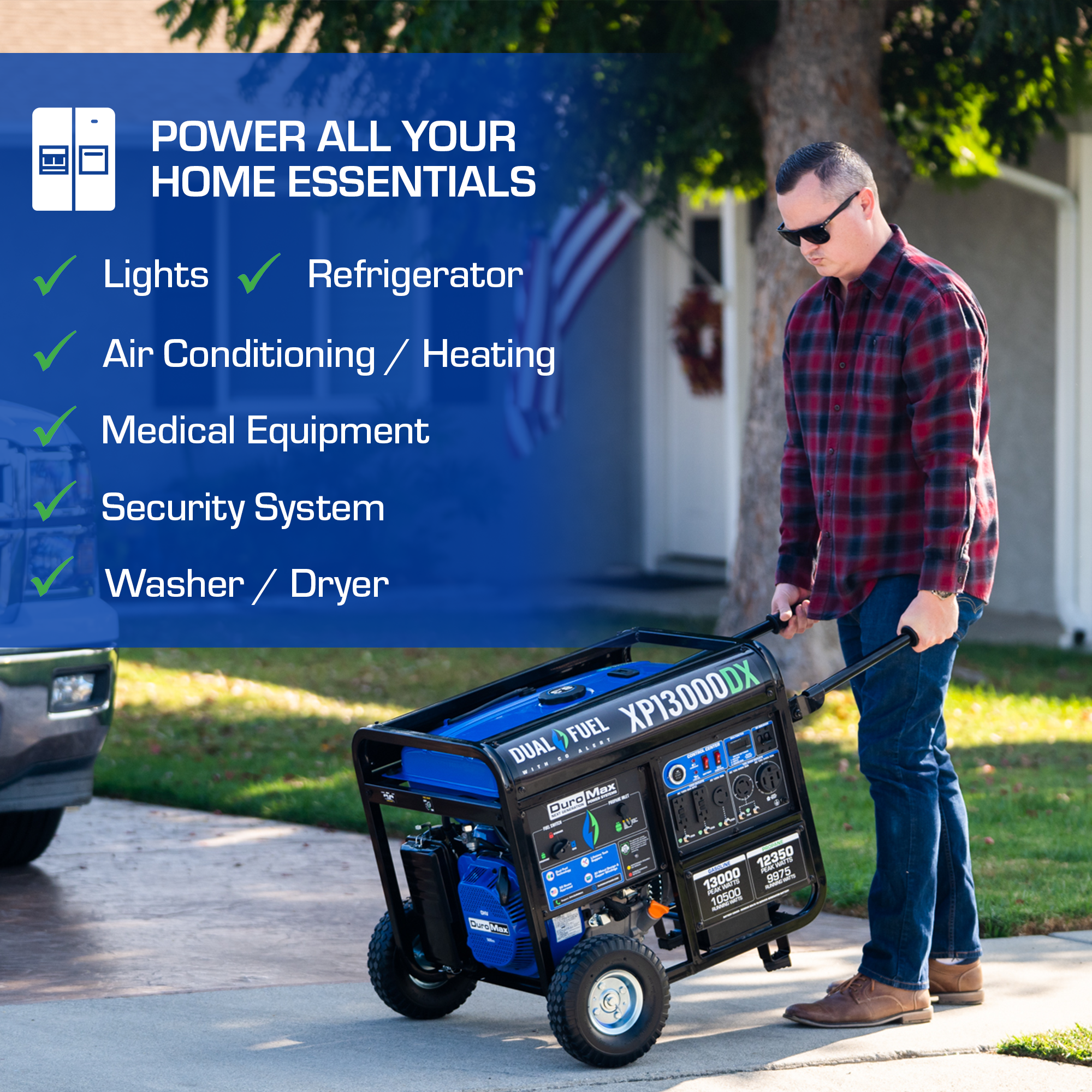 13,000W Dual Fuel Portable Generator with CO Alert - Reliable Backup Power for Home, Camping & Emergency Use