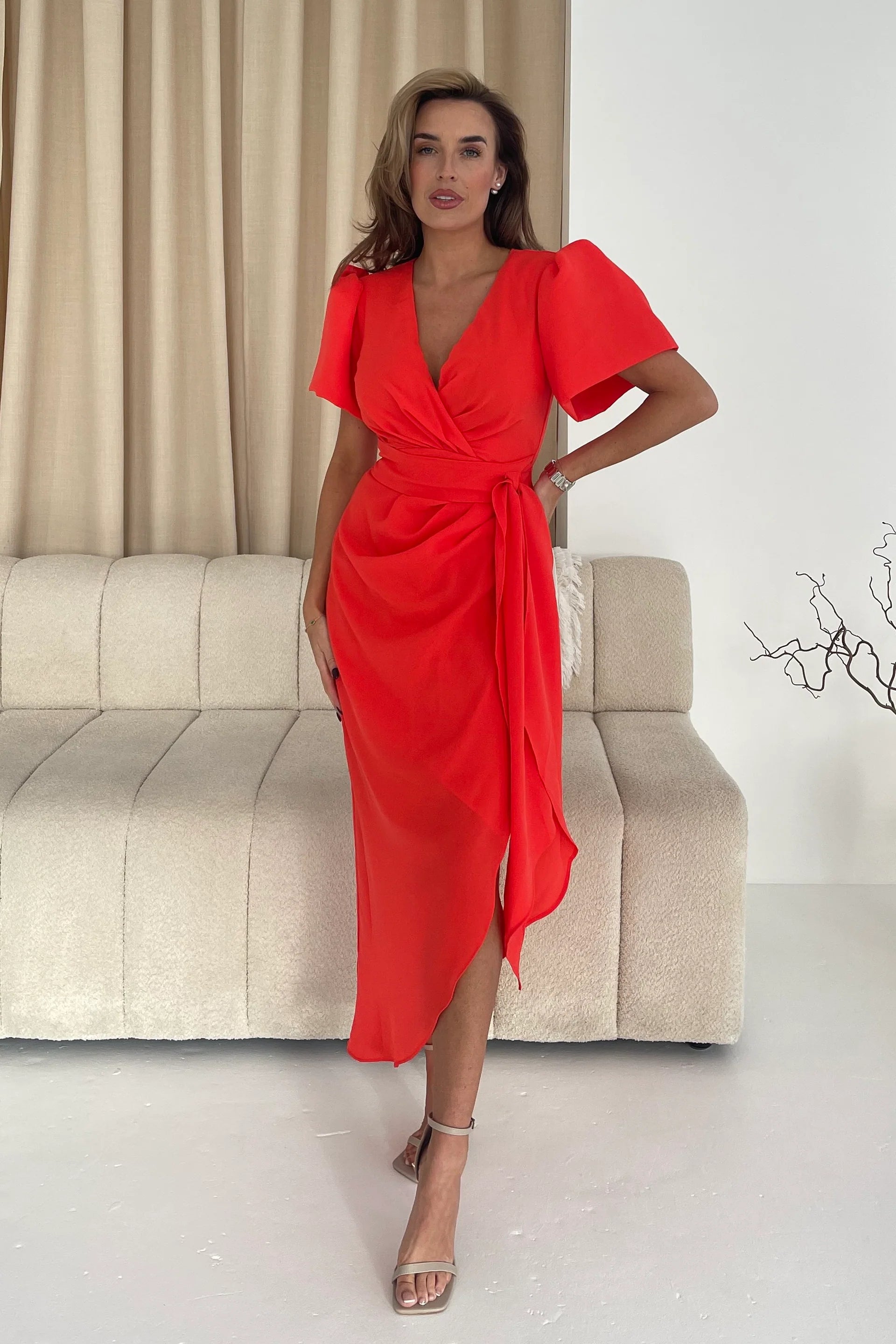 Drew Women's Puff Sleeve Midi Dress - Flowy Orange Summer Dress for Casual Outings, Beach Vacations & Date Nights