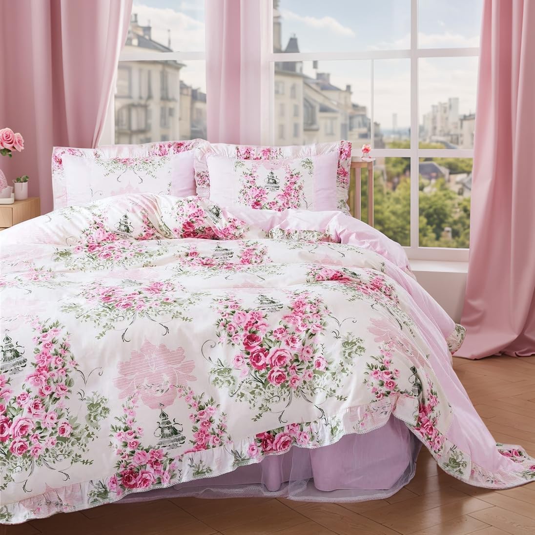 Pink Rose Floral Print Duvet Cover Set - 4 Piece Cal King Size Bedding for Girls | Soft & Breathable Home Textile | Perfect for Teen Bedrooms, Guest Rooms & Cozy Bedroom Decor