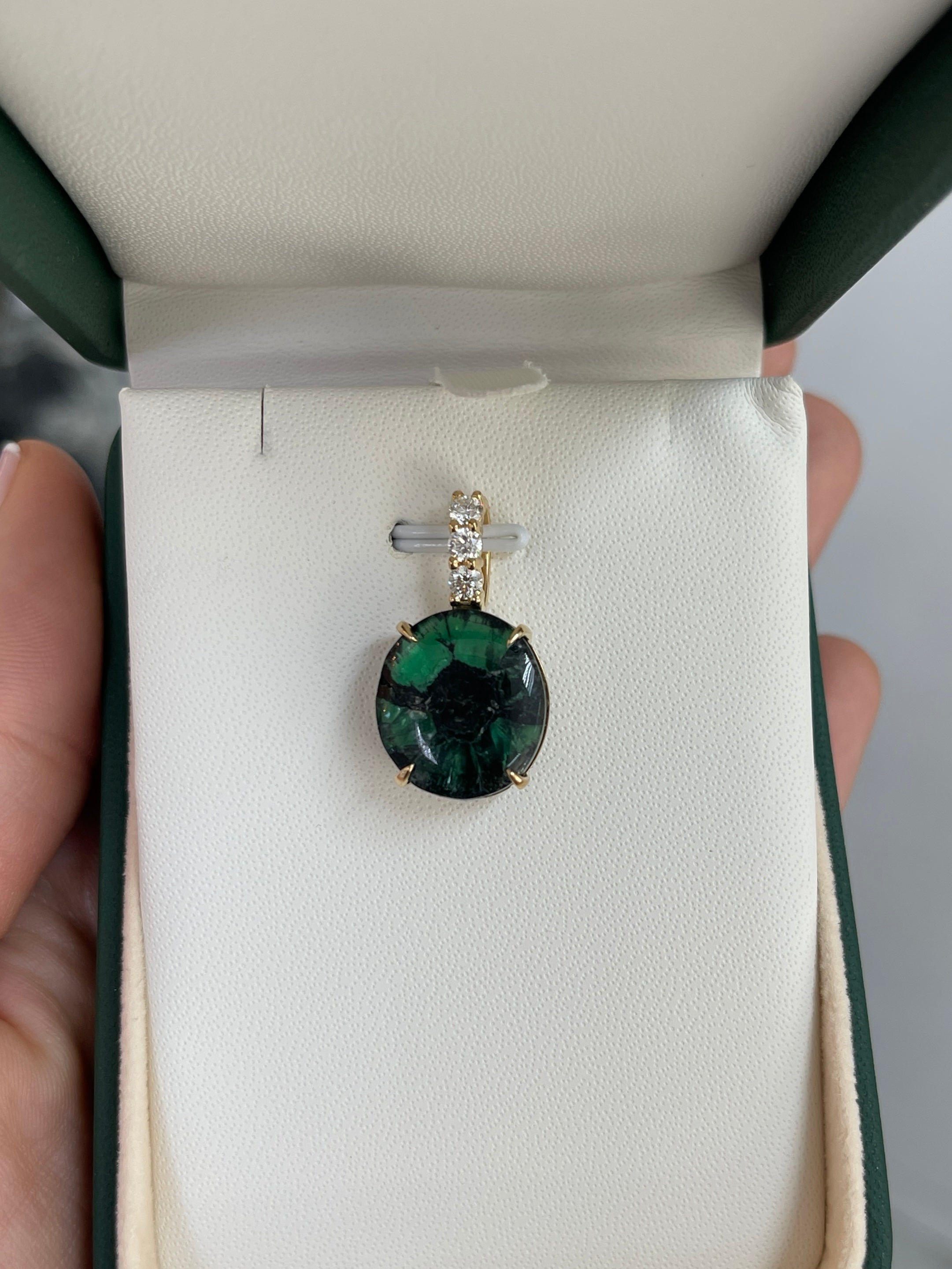 12.32tcw Oval Trapiche Colombian Emerald & Diamond Accented 18K Gold Pendant Necklace for Women - Elegant Jewelry Gift for Birthday, Anniversary & Special Occasions
