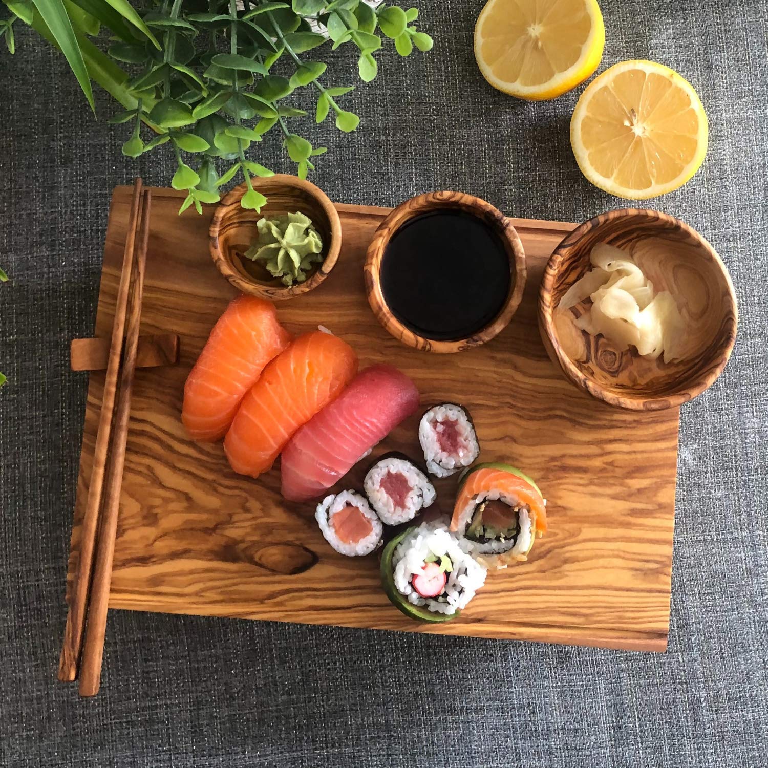 Premium Olive Wood Sushi Serving Set - 3 Nested Bowls, 11