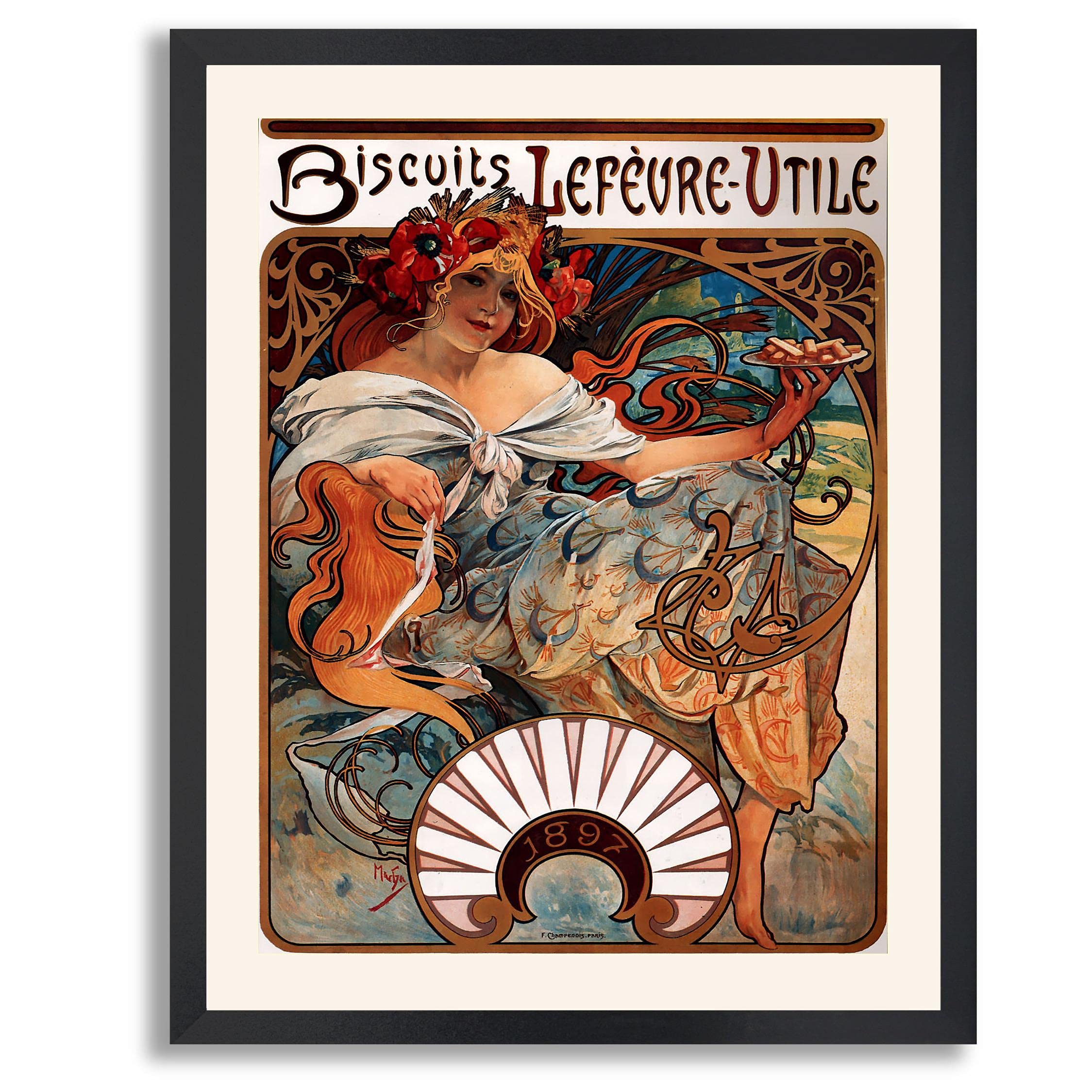 Alphonse Maria Mucha Framed Print - Biscuits Lefevre Utile Art Poster | Fine Art Reproduction in Wood Frame | Home & Office Wall Decor | Perfect for Living Room, Bedroom or Gift