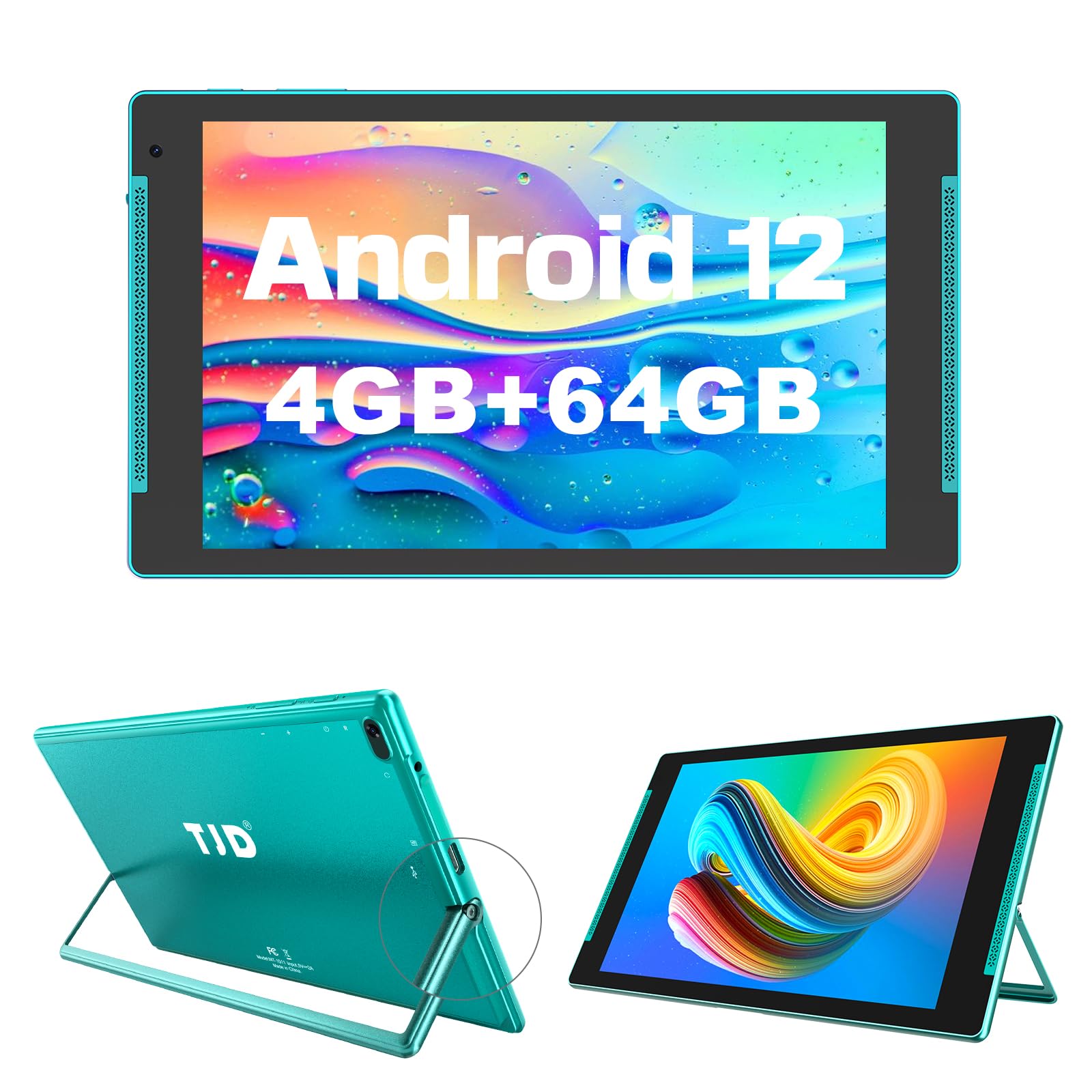 10.1 Inch Android 12 Tablet - TJD 4GB RAM 64GB ROM (Expandable to 512GB) with Quad Core Processor, HD IPS Screen, 8.6MP Rear & 2MP Front Camera - WiFi Bluetooth Tablet for Work, Study & Entertainment