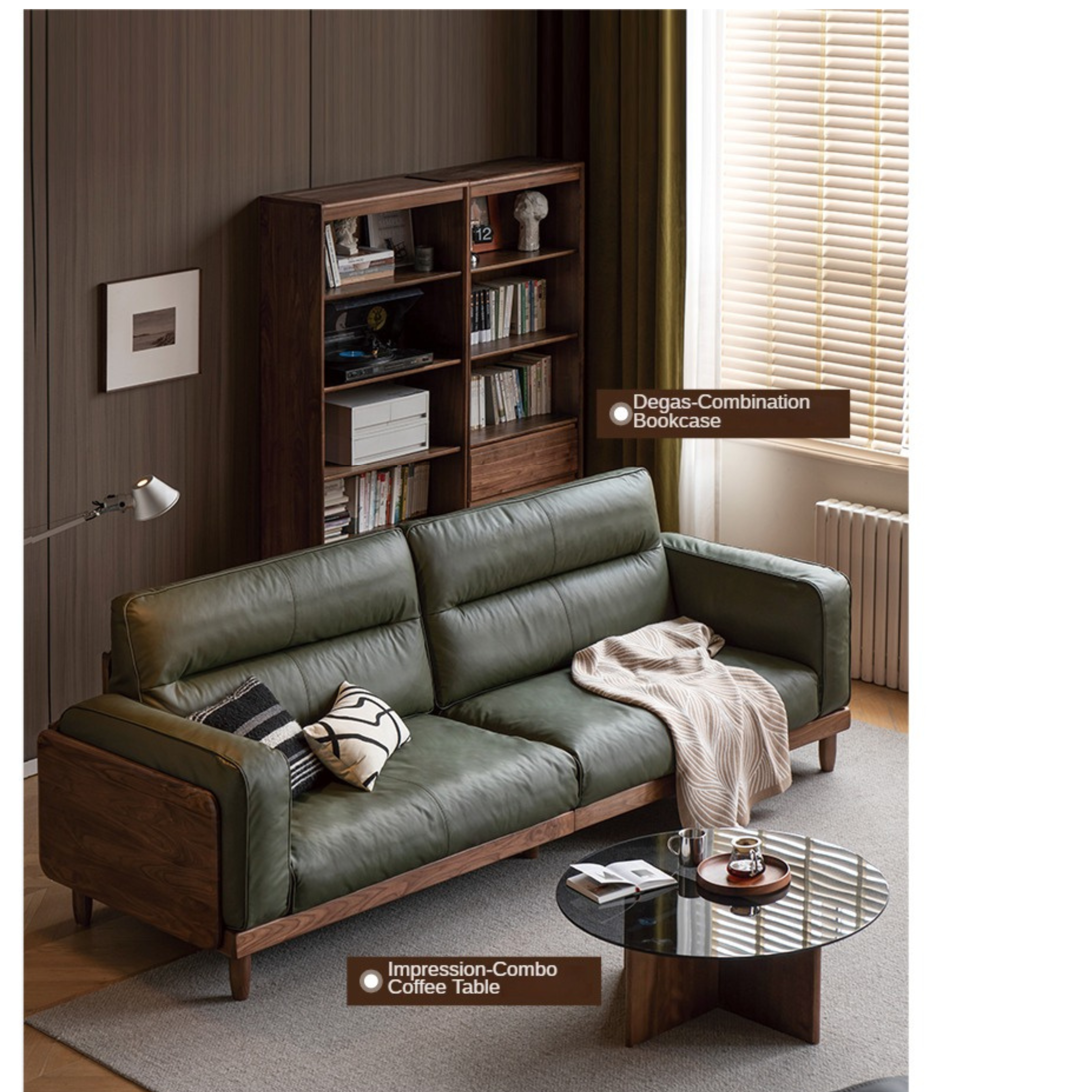 Premium Black Walnut & Ash Solid Wood Leather Sofa with Genuine Yellow Cowhide Upholstery - Luxury Living Room Furniture for Modern Home Decor