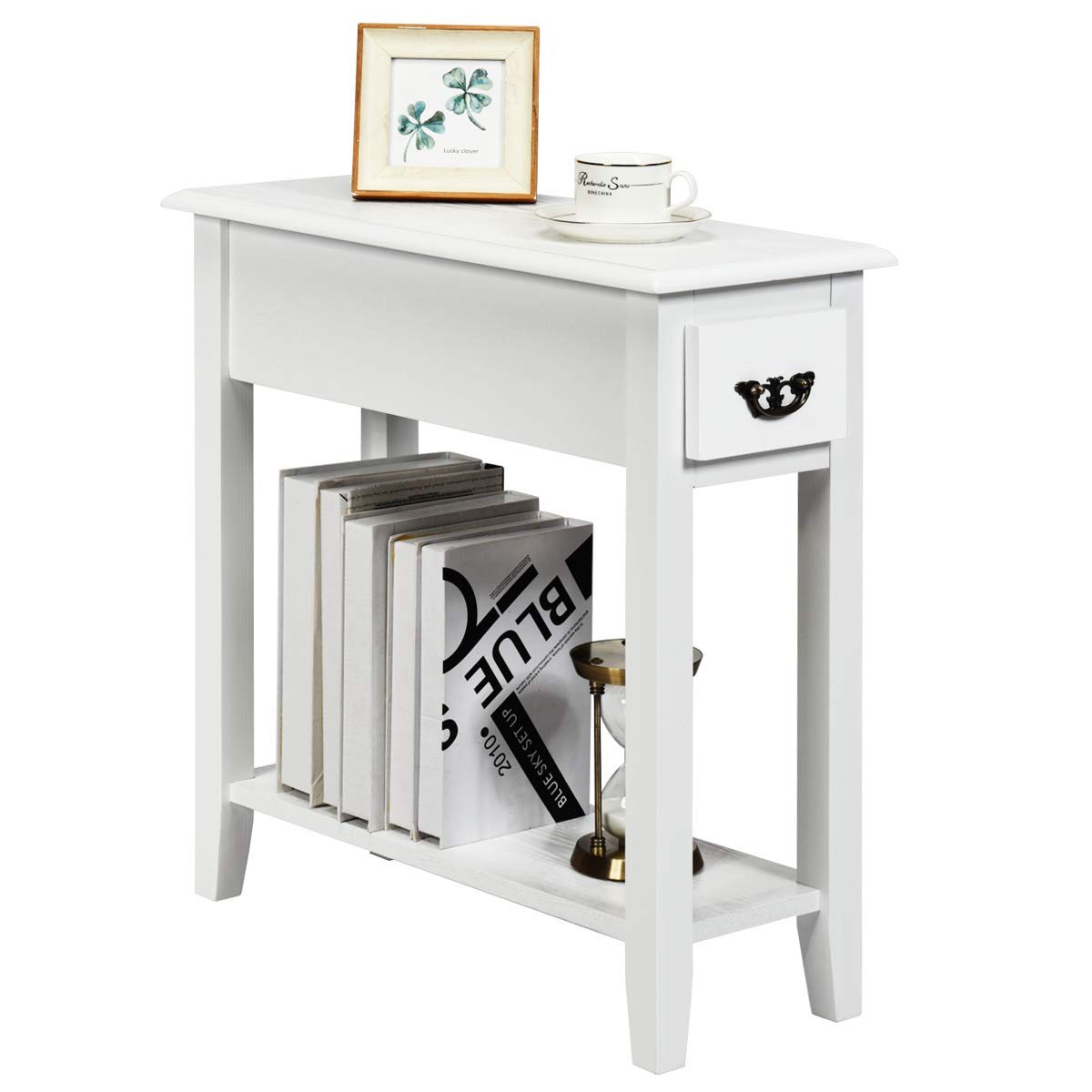 Tangkula Slim Narrow End Table with Drawer & Open Shelf - Small Space-Saving Side Table for Living Room, Bedroom, Nightstand - 9.8 x 23.6 x 23.6 Inches (White) - Perfect for Apartments, Dorms & Tight Spaces