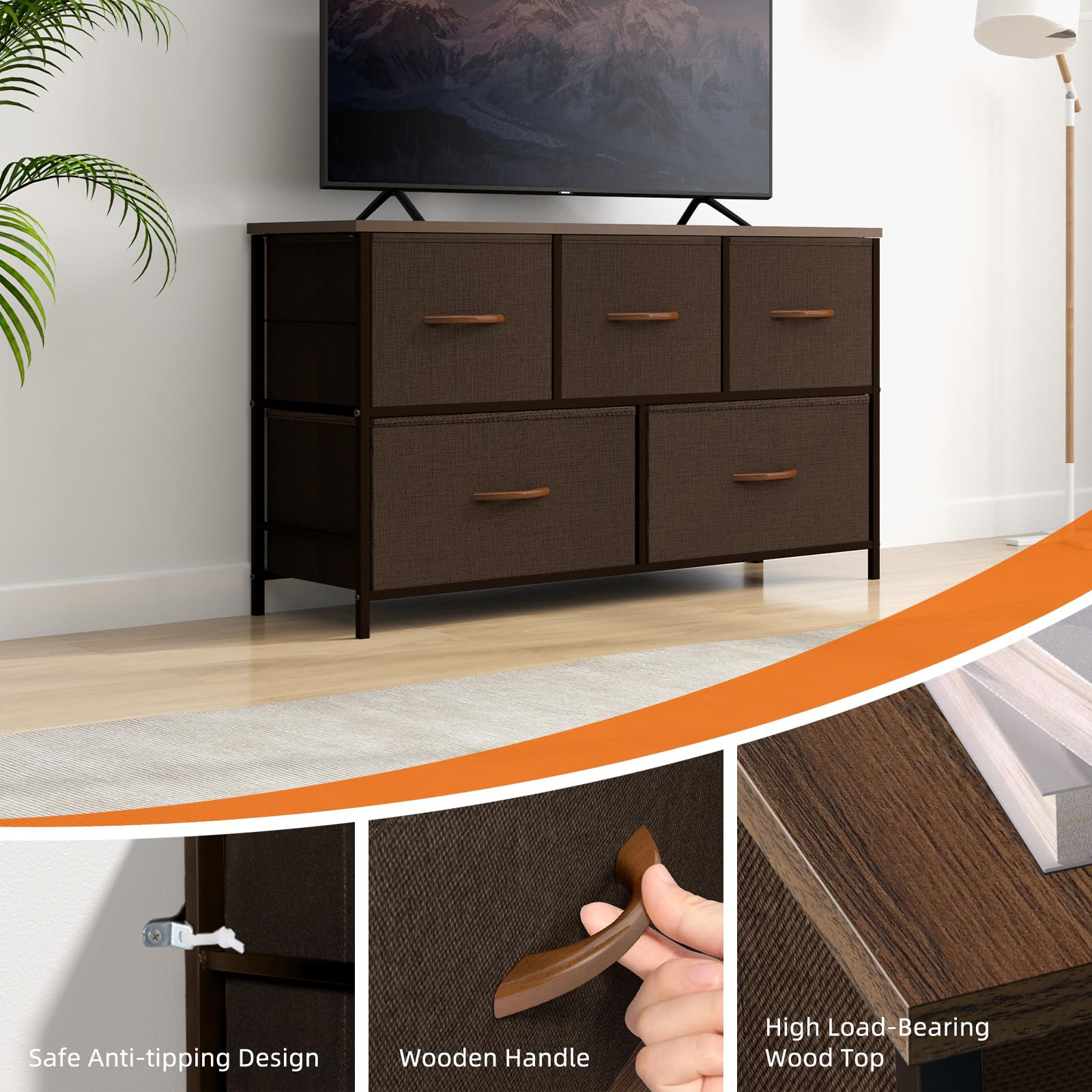 ROMOON 5-Drawer Fabric Dresser for Bedroom & Closet Organizer, Small Chest of Drawers for Nursery, Hallway Storage - Brown | Space-Saving Storage Solution for Small Spaces & Apartment Living