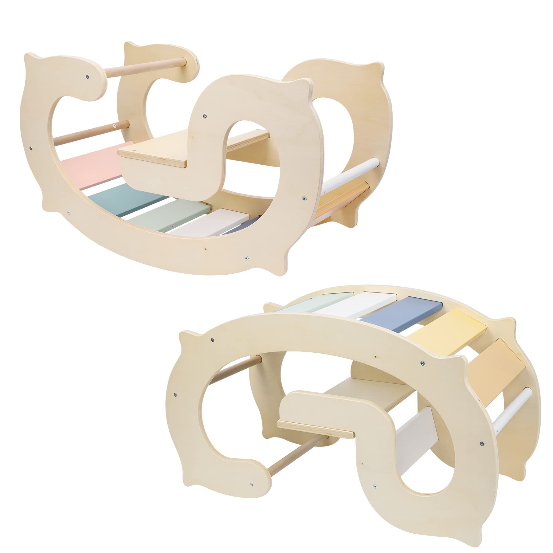 Labebe Wooden Climbing Arch for Toddlers - 3-in-1 Montessori Climbing Toy with Triangle Climber & Ramp, Waldorf Rainbow Rocker Play for Kids (Macaron) | Indoor Play Equipment for Toddler Development & Active Play