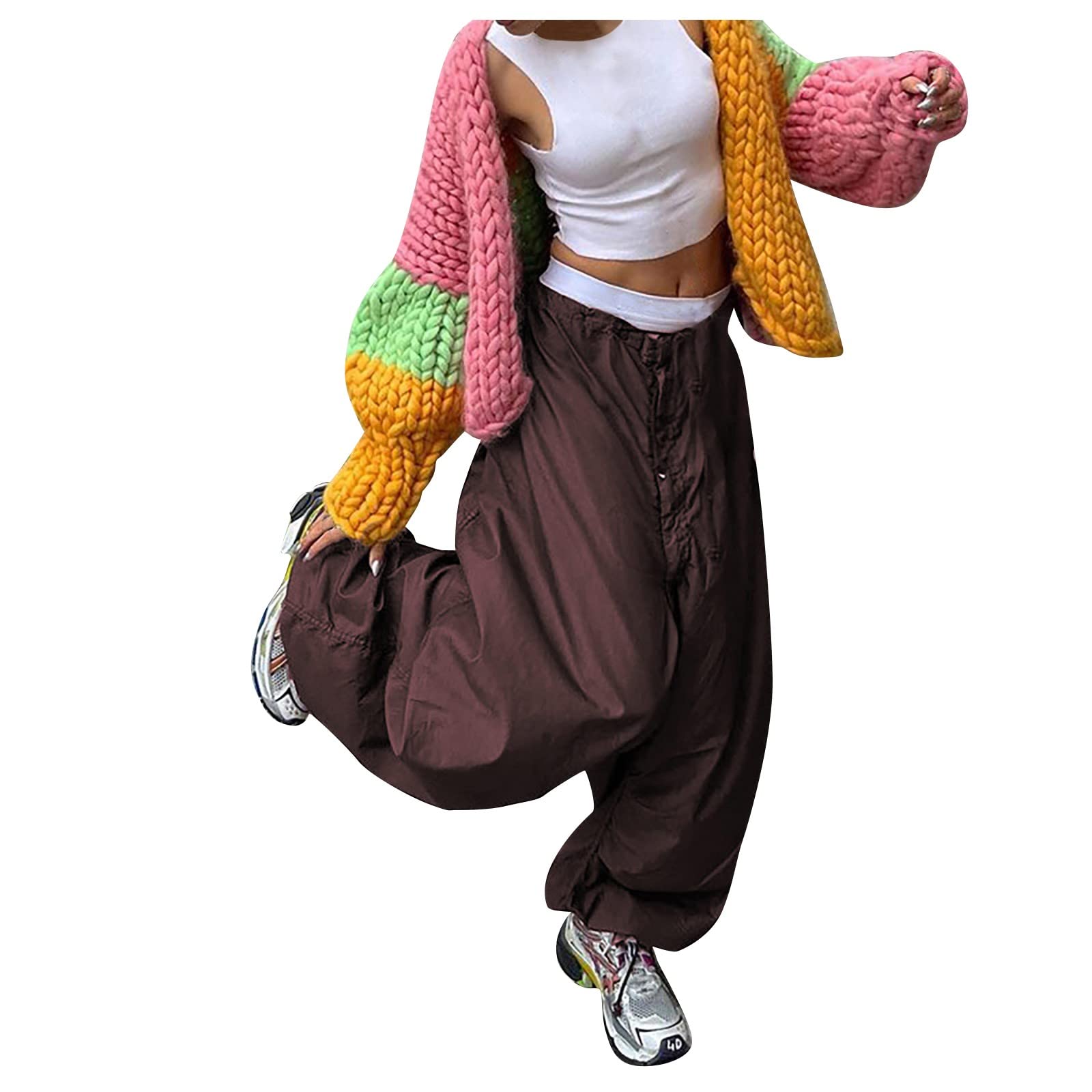 Women's Low Waist Cargo Pants - Y2K Vintage Wide Leg Baggy Joggers with Drawstring for Casual Wear, Street Style & Work Outfits