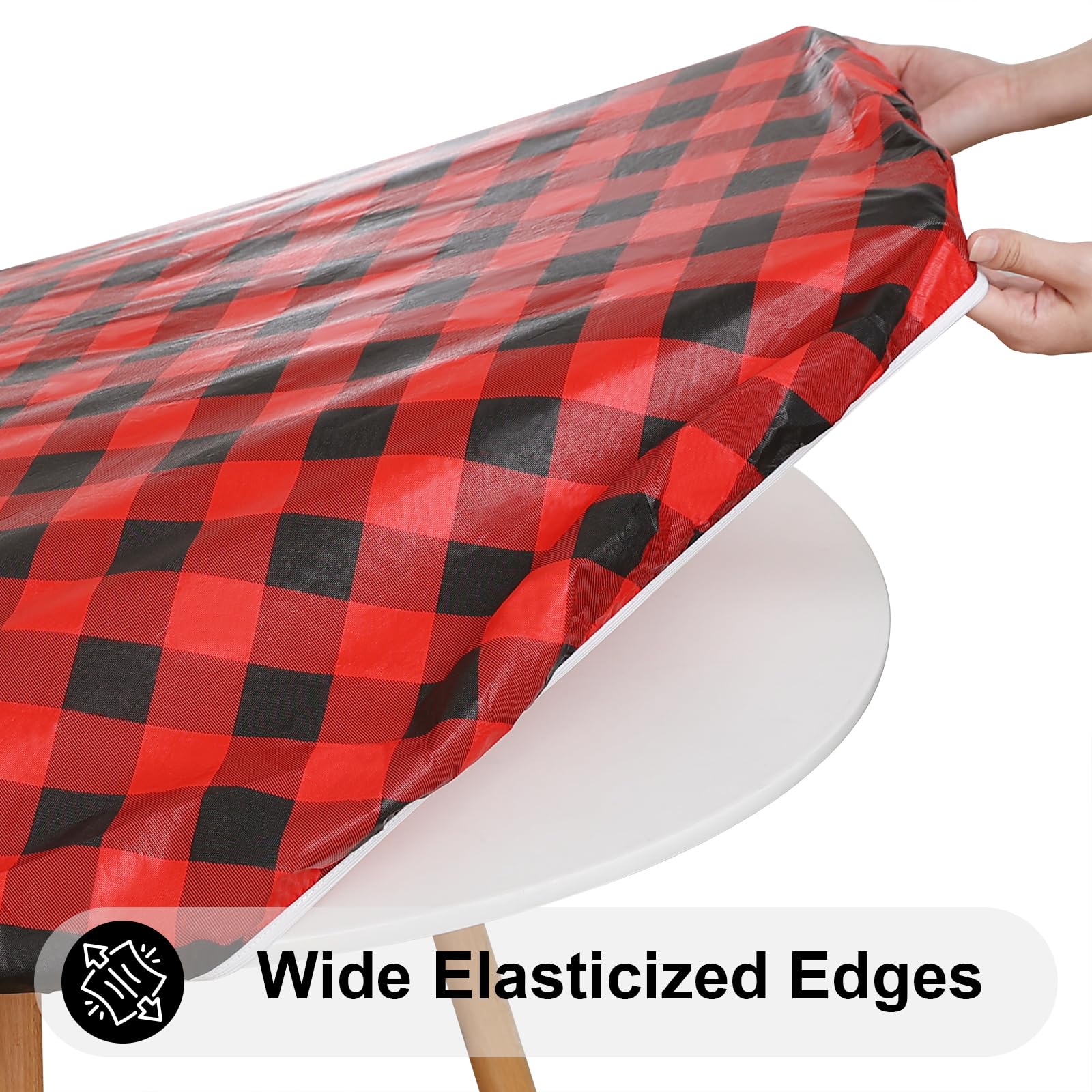 Smiry Round Elastic Waterproof Fitted Vinyl Tablecloth - 45 to 56 Inch Flannel Backed Buffalo Plaid Table Cover for Dining, Picnic, Camping (Black & Red) | Perfect for Outdoor Parties, BBQs, and Family Gatherings