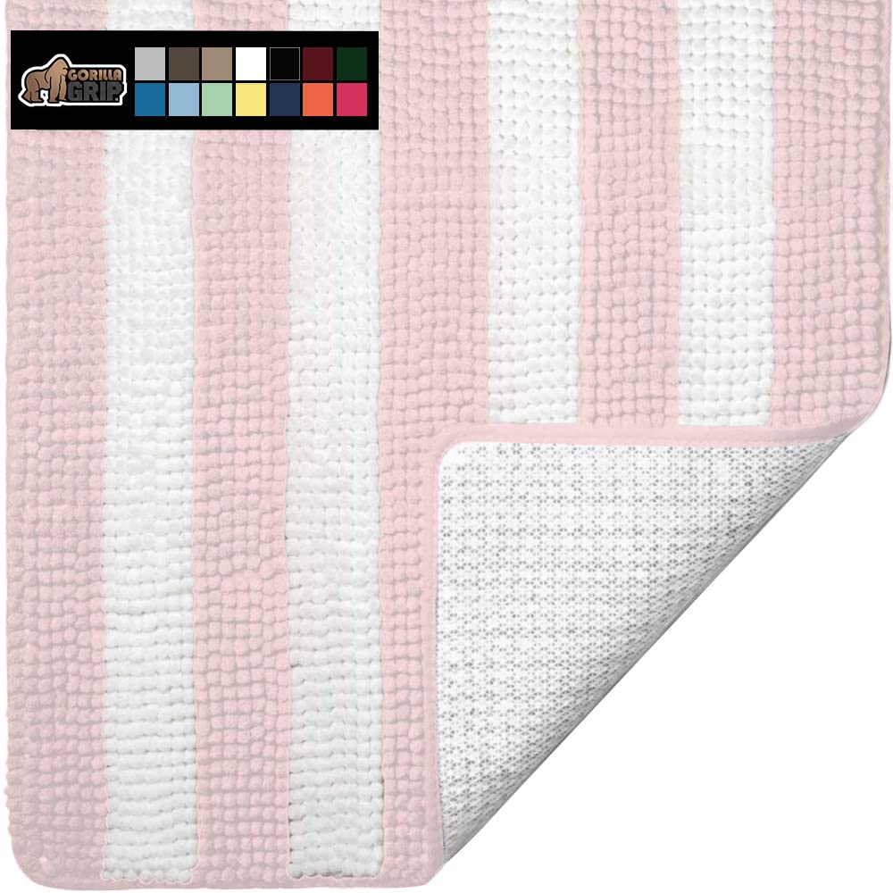 Premium Gorilla Grip Bath Rug 54x24 Inches - Ultra Soft Absorbent Chenille with Non-Slip Rubber Backing - Quick-Dry Microfiber Shaggy Bath Mat for Bathroom, Shower & Bathtub Floor - Machine Washable, Durable & Plush - White & Light Pink - Perfect for Wet Floors, Spa Days & Cozy Bathroom Decor