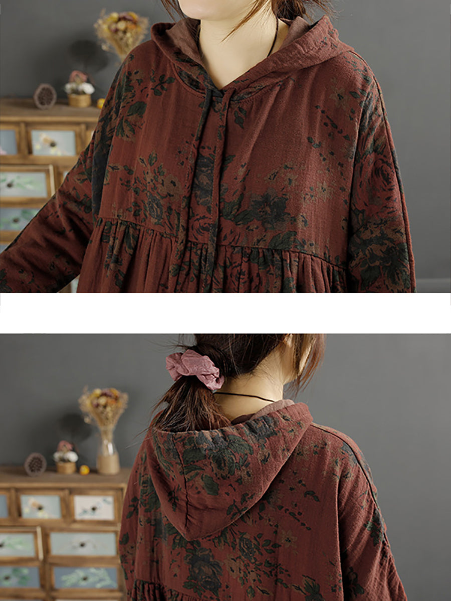 Plus Size Women's Retro Floral Print Shirred Loose Fit Hooded Dress - Casual Summer Outfit for Beach, Vacation & Street Style