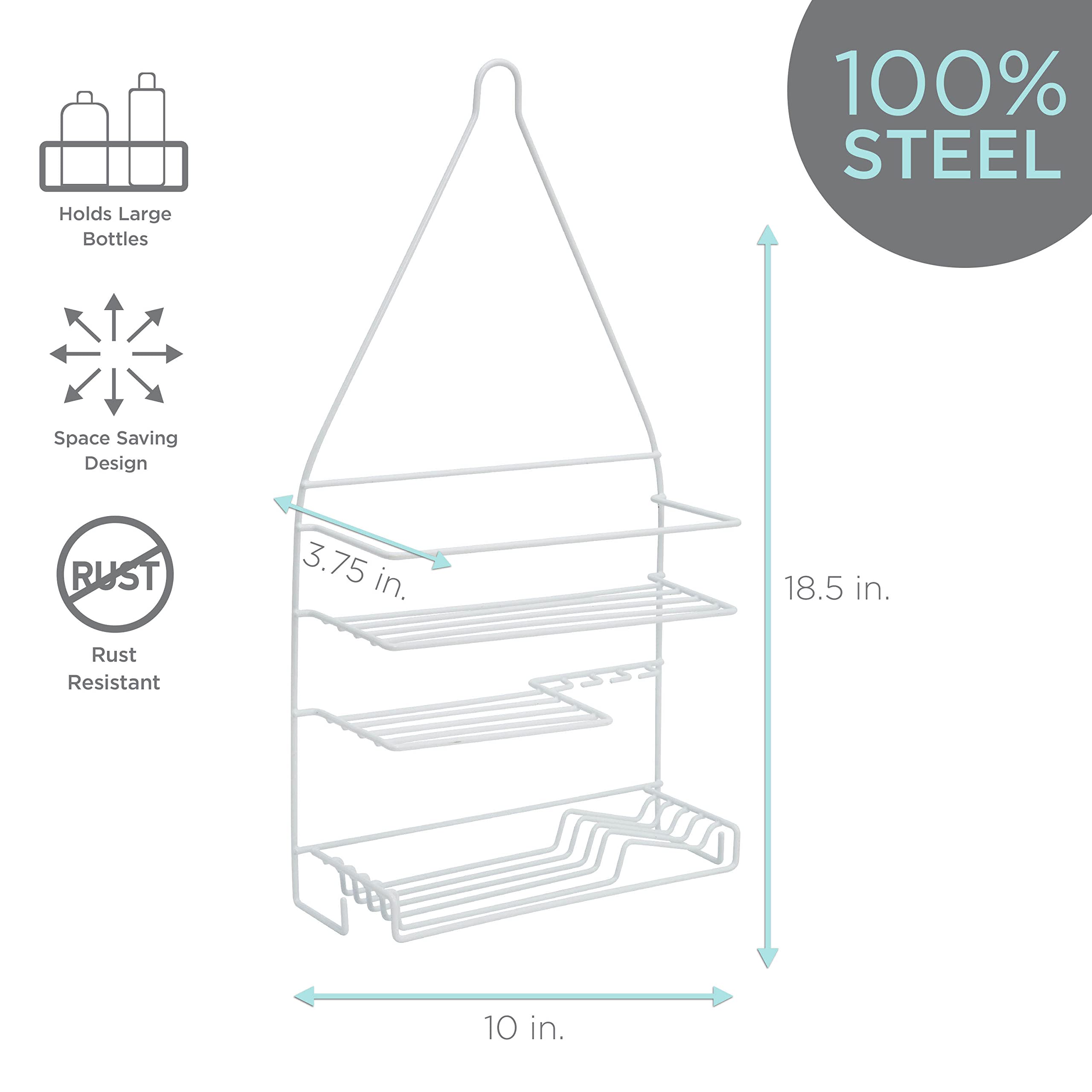 Bath Bliss 3-Tier Shower Caddy Organizer - Rust-Resistant White Bathroom Shelf with Soap Dish, Razor Slots & Hooks for Loofah/Washcloth - Perfect for Small Bathrooms & Dorm Showers