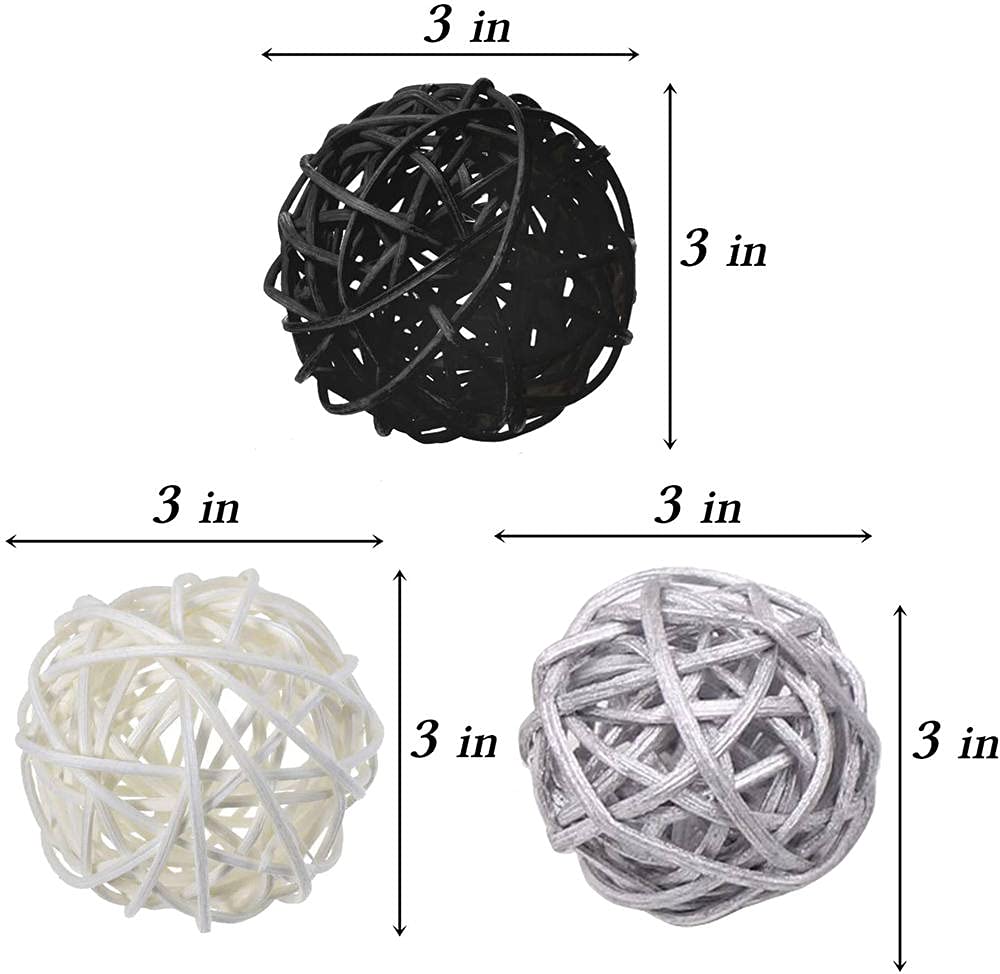 9 Pcs 3 Inch Wicker Balls - Natural Rattan Decorative Balls for Home Decor, DIY Vase Filler, Wedding Table Centerpiece, Nursery & Baby Room Décor - White, Black, Silver - Perfect for Boho, Farmhouse & Rustic Style Decorations