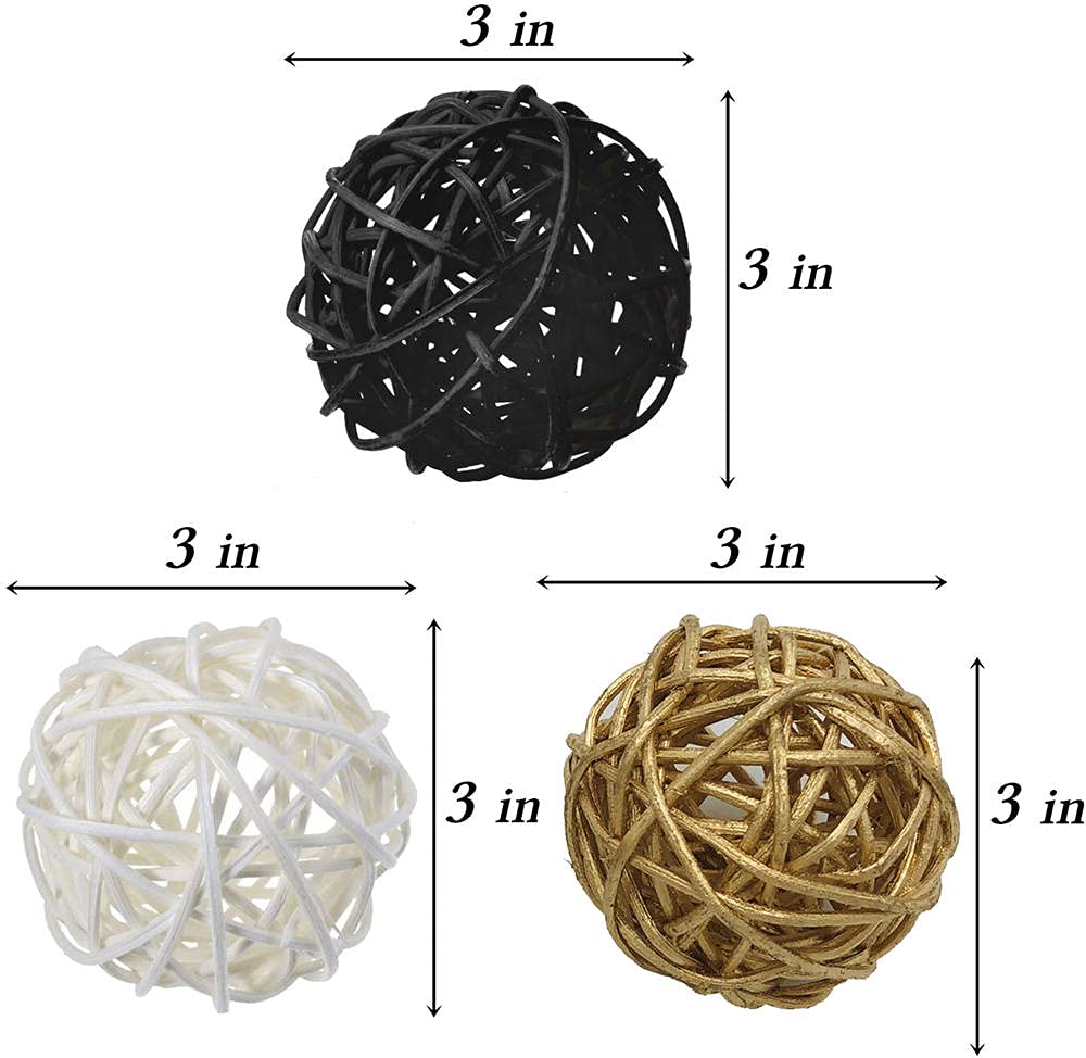 9-Piece 3-Inch Wicker Ball Decor Set - Natural Rattan Balls for Home Decor, DIY Vase Filler, Wedding Centerpieces, Nursery & Baby Room Décor (White, Black, Gold) - Perfect for Boho, Farmhouse & Rustic Style Decorating