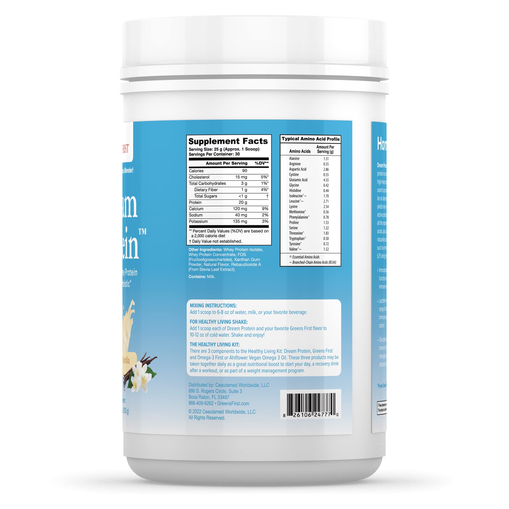 Greens First Dream Protein Powder Whey - 20g Protein Per Serving, Hormone-Free with Prebiotics, Non-GMO, No Artificial Sweeteners - Creamy French Vanilla Flavor (26.5 oz) | Post-Workout Recovery, Meal Replacement, Smoothie Booster for Fitness & Weight Management